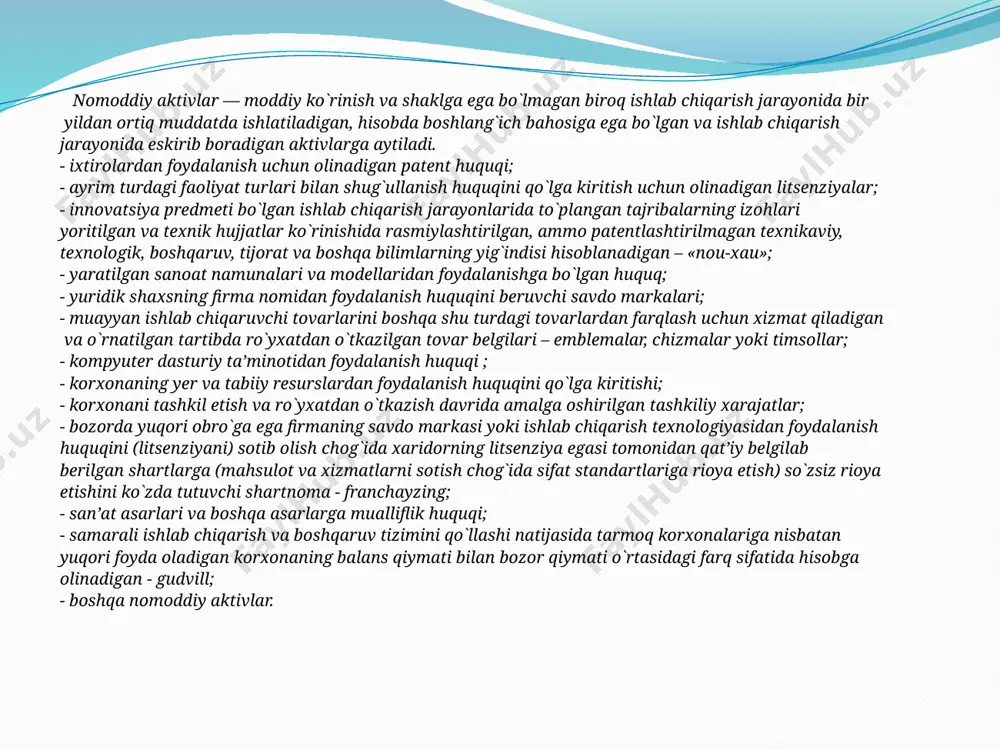 i, uskunalar (priborlar), mahsuldor va ishchi hayvonlar, ko`p yillik daraxtlar, ishlab chiqarish va xo`jalik inventarlari, shuningdek yer unumdorligini tubdan yaxshilashga (yerlarni quritish, sug`orish tizimlarini yaratish, sho`rini yuvish va boshqa meliorativ tadbirlarga) yo`naltirilgan kapital qo`yilmalar kiradi. imoratlar o`simlikchilik tarmog`ida g`alla, sabzovot, poliz, meva va boshqa mahsulotlarni saqlash uchun omborxonalar, texnika va mashinalarni saqlash uchun garajalardan iborat bo`ladi. chorvachilikda unga molxonalar,zootexnik va veterinariya laboratoriyalari, yem-xashakni saqlash omborlari va boshqalar kiradi. inshootlar – texnikaviy vazifalarni bajarishga xizmat qiladi. o`simlikchilikda unga suv minorasi, silos va senaj saqlash inshootlari, issiqxonalar, mahsulotlarni qisqa muddatda saqlash va tozalash maydonlari, sug`orish va quritish tarmoqlari kiradi. chorvachilikda go`ng saqlash qurilmalari, suv chiqarish minorasi va qudug`i inshshoatlar turkumiga kiradi. bulardan tashqari unga ichki xo`jalik foydalanishida bo`lgan yo`l va ko`priklar ham kiradi. amortizatsiya. amortizatsiya (lot. amortisatio – qoplash), asosiy kapital (fondlar) amortizatsiyasi – asosiy kapital (mashina, mexanizmlar, jihozlar, binolar, inshootlar)ning ekspluatatsiya jarayonida eskirishi va ayni paytda ular qiymatining muayyan davr davomida …