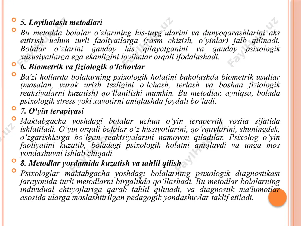 oʻtib ketgan boʻlmasligi, bir savoldan boshqasiga oʻtishda mavzu keskin oʻzgartirilmasligi lozim. 3. savollarning tashqi ifodalanishi bolalarni u bilan ishlashga jalb eta olishi kerak (simmetrik toʻgʻri boʻlishi ogʻzaki murojaat orqali beriladigan savollar chiroyli va tushunarli boʻlishi zarur). 4. bolalarning individual xususiyatlari va soʻrovning uzunligi bir-biriga mos boʻlishi zarur. 5. soʻrov soʻngida bolaga minnatdorchilik va tashakkur izhor etilishi-“javoblaringiz uchun tashakkur”, “yordamingiz uchun katta rahmat aytish maqsadga muvofiq. suhbat metodini oʻtkazishda quyidagilarga rioya qilish talab etiladi: suhbatning mavzusi va mazmuni bolalarning taraqqiyot darajalariga va yosh xususiyatlariga mos boʻlishi kerak. savollar rejali va maqsad asosida tuzilishi kerak. suhbat paytida «ha» yoki «yoʻq» demay, tuliq javob olish kerak. suhbatni haddan tashqari choʻzib yubormaslik kerak. suhbat orqali bolalarning bilishlari, narsa va hodisalar haqida tasavvurlari, qiziqishlari va odamlar bilan boʻlgan munosabatlarni oʻrganish mumkin. 2. maktabgacha ta’limda xodimlar va ota-onalar o‘rtasida test va anonim so‘rovnomalar o‘tkazish — bu maktabgacha ta'lim muassasalarida bolalar rivojlanishini yaxshilash va ularning psixologik, pedagogik …