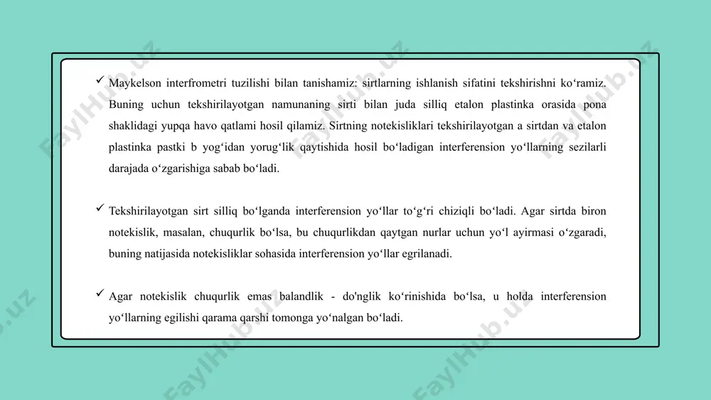 ik interferensiyasi fan, texnikada va ishlab chiqarishda juda keng qo‘llaniladi. bu hodisa gaz holatidagi moddalarning sindirish ko‘rsatkichlarini, to‘lqin uzunliklarini, burchaklarni aniq o‘lchash, yuzalarning silliqligini kontrol qilish uchun ishlatiladi. interferensiyaning bundan tashqari eng muhim qo‘llanishlaridan biri «optik yoritish» deb nom olgan. «optik yoritish»ning mohiyati quyidagilardan iborat. ko‘pgina hozirgi zamon asboblari murakkab optik sistemalar, qaytaruvchi sirtlardan tashkil topgan bo‘lib, nurlarning bu sirtlardan o‘tishida qaytishi tufayli intensivligi va natijada asboblarning yoritish kuchi pasayadi. bu effektni yo‘qotish uchun optik sistemalar sirtida sindirish ko‘rsatkichi optik material sindirish ko‘rsatkichidan kichik bo‘lgan yupqa, shaffof qatlam hosil qilinadi. kogerent to‘lqinlar hosil qilish usullari yuqorida aytganimizdek, ikkita mustaqil yorug‘lik manbai chiqargan yorug‘lik to‘lqinlari qo‘shilganda intensivliklar qo‘shilishini kuzatish mumkin, interferensiyani emas. yuqoridagi mulohazalardan ko‘rinadiki, yorug‘lik nurlarini interferensiyasini kuzatish uchun kogerent yorug‘lik dastalarini hosil qilish kerak. kogerent yorug‘lik manbai olishning eng mumtoz usullaridan biri yuqorida bayon etilgan yung usulidir. interferensiya olish usullarini s.i.vavilov ikki tipga bo‘ladi: frenel tipidagi interferensiya (yung, bikuzgu, …