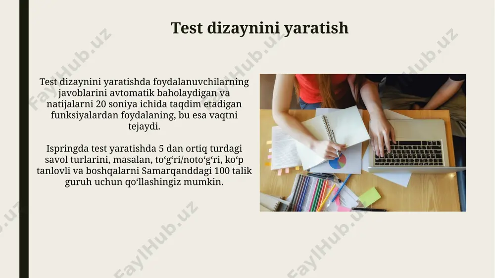 inishi kerak, bu esa 3 ta asosiy savol turidan foydalanishni taqozo qilishi mumkin. test yaratishda har bir savol uchun 5 dan 10 tagacha javob varianti qoʻshishingiz mumkin, bu esa baholashning aniqligi va testning qiyinchilik darajasini oshirish imkonini beradi, masalan, toshkentdagi oliygohlarda. test yaratish uchun ispringni tanlash sabablari ispring suite, 30 dan ziyod mamlakatda ishlatiladigan va o'quv jarayonini yanada samarali qilish uchun murakkab hisobotlar va natijalarni taqdim etadigan kuchli vositadir. ispring, 100 dan ortiq turdagi test savollari va interfaol elementlarini taklif qilib, toshkentdagi ta'lim muassasalarida keng qo'llaniladi, bu esa o'quvchilar uchun samarali va qiziqarli testlar yaratish imkonini beradi. interaktiv testlarning afzalliklari isspring platformasi orqali yaratilgan interaktiv testlar natijalarini tezda tahlil qilish imkonini berib, o'quv jarayonini 15% ga samaradorligini oshiradi va andijon viloyatidagi pedagoglar fikricha, o'quvchilarning motivatsiyasini sezilarli darajada yuksaltiradi. interaktiv testlar, turli xil multimedia elementlarini (rasmlar, videolar) qo'shish orqali, axborot texnologiyalari sohasida 30% ga yaqin bilimlarni yaxshiroq o'zlashtirishga yordam beradi va …