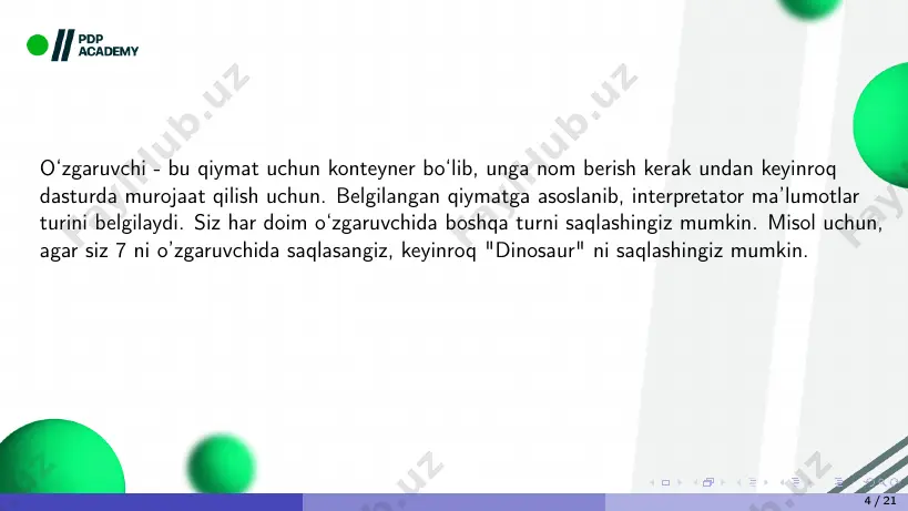 h bir nechta o`zgaruvchiga qiymat berish o'zgaruvchilarning qiymatini almashtirish o'zgaruvchilarni o'chirish python berilganlar turlari o`zgaruvchi turlarni o`zgartirish