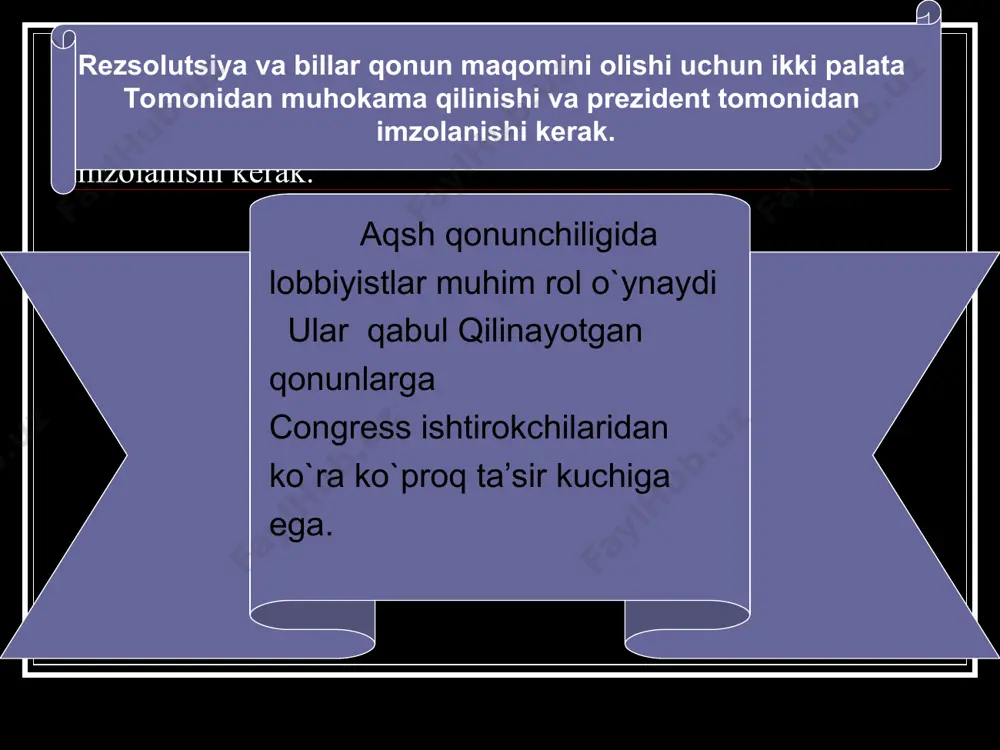 ning qonunchilik majlislari ratifikatsiya qilish bilan u konstitutsiyaviy o`zgartirish sifatida kuchga kiradi. www.arxiv.uz www.arxiv.uz * aqsh tizimining o`ziga xos tomoni prezident o`zgartirish kiritish jarayonida hech qanday rol o`ynamaydi. garchi, o`z munosabatini bildirish huquqiga ega bo`lsada, o`zgartirishlarga veto qo`ya olmaydi. shu kunga qadar aqsh konstitutsiyasiga 27 ta o`zgartirish kiritilgan. hozirda o`zgartirishlar yana tayyorlanmoqda.shulardan asosiylari kongresning har ikki palatasiga saylanish yoshini 21 yoshga tushirish , barchaning prezidentlik saylovlarida ovoz berish huquqini kafolatlash, bir jinsdagi kishilar orasidagi nikohni qonuniylashtirishga qaratilgan. www.arxiv.uz www.arxiv.uz fuqaro bo`lish uchun shaxs: 5 yil davomida aqsh hududida yashagan va ushbu davrda qonuniy muhojir sifatida yashagan bo`lishi kerak. ingliz tilida yaxshi so`zlaydigan va yaxshi yozadigan bo`lishi kerak amerika tarixi,davlat boshqaruvining shakli va tamoyillari haqida tushunchaga ega bo`lishi, sodiqlik to`g`risida qasam ichishi lozim; biror dinga sig`inmaydigan shaxslar aqsh fuqaroligini qabul qila olmaydilar. aqshda fuqarolik asoslari www.arxiv.uz www.arxiv.uz