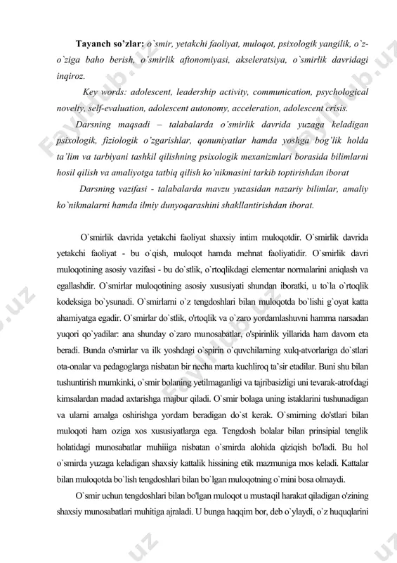 klarini tushunadigan va ularni amalga oshirishga yor​dam beradigan do`st kerak. o`smirning do'stlari bilan muloqoti ham оziga xos xususiyatlarga ega. tengdosh bolalar bilan prinsipial tenglik holatidagi munosabatlar muhiiiga nisbatan o`smirda alohida qiziqish bo'ladi. bu hol o`smirda yuzaga keladigan shax​siy kattalik hissining etik mazmuniga mos keladi. kattalar bilan muloqotda bo`lish tengdoshlari bilan bo`lgan muloqotning o`rnini bosa olmaydi. o`smir uchun tengdoshlari bilan bo'lgan muloqot u musta​qil harakat qiladigan o'zining shaxsiy munosabatlari muhitiga ajraladi. u bunga haqqim bor, deb o`ylaydi, o`z huquqlarini hi​moya qiladi va aynan shuning uchun ham o`rtoqlari bilan bo'lgan munosabatga kattalarning o'rinsiz, qo'pol aralashuvi o'smirning xafagarchiligiga va noroziligiga olib keladi. o`smirda tengdoshlar bilan muloqot qilish va hamkorlikdagi faoliyatga intilish yaqqol namoyon bo`ladi. jamoa hayoti bilan yashash, yaqin o'rtoqlar, do`stga ega bo`lish xohishi - do`stlar to​monidan qabul qilingan, tan olingan, hurmat qilingan bo`lishdek kuchli xohishdir. bu o`smirning muhim talabiga aylanib boradi. o`smir uchun eng yoqimsiz vaziyat - jamoa va o'rtoqlarining noroziligi, muloqot …