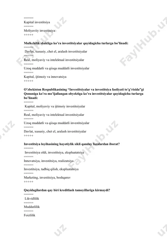 idan olib chiqib ketilishi ===== qimmatli qog’ozlarni qo’shimcha emissiya qilish ===== olingan foydani investitsiya faoliyati ishtirokchilari o’rtasida taqsimlash +++++ investitsiya faoliyati subyektlari o‘rtasida tuziladigan, investitsiya shartnomasi taraflarining huquqlari, majburiyatlari va javobgarligini belgilaydigan yozma bitim qanday nomlanadi? ===== investitsiya shartnomasi ===== investitsiya loyihasi ===== investitsiya majburiyati ===== investitsiya faoliyati +++++ qaysi qimmatbaho qog’oz o’z egasiga emitent -kompaniyaning aktivlarida ulushga egalik va qaror qabul qilishda ovoz berish huquqini beradi? ===== aksiya ===== obligatsiya ===== veksel ===== forvard +++++ qaysi qimmatli qog’oz qiymatiga nisbatan egasiga qatʼiy belgilangan daromad keltiruvchi, qarzni qaytarib berish va foiz toʻlashni tasdiqlovchi majburiyatni tasdiqlaydi? ===== obligatsiya ===== forvard ===== veksel ===== aksiya +++++ investitsiya dasturiga kiritilgan loyihalarni moliyalashtirish manbalarining turkumlanishi qaysi javobda to’g’ri ko’rsatilgan? ===== markazlashgan va markazlashmagan ===== ichki va tashqi kapital qo’yilmalar ===== davlat, xususiy, aralash, xorijiy ===== real va moliyaviy +++++ infratuzilma loyihasi – bu… ===== ijtimoiy, yo‘l-transport, suv xo‘jaligi va muhandislik-kommunikatsiya obyektlarini qurish, modernizatsiyalash, rekonstruksiya …