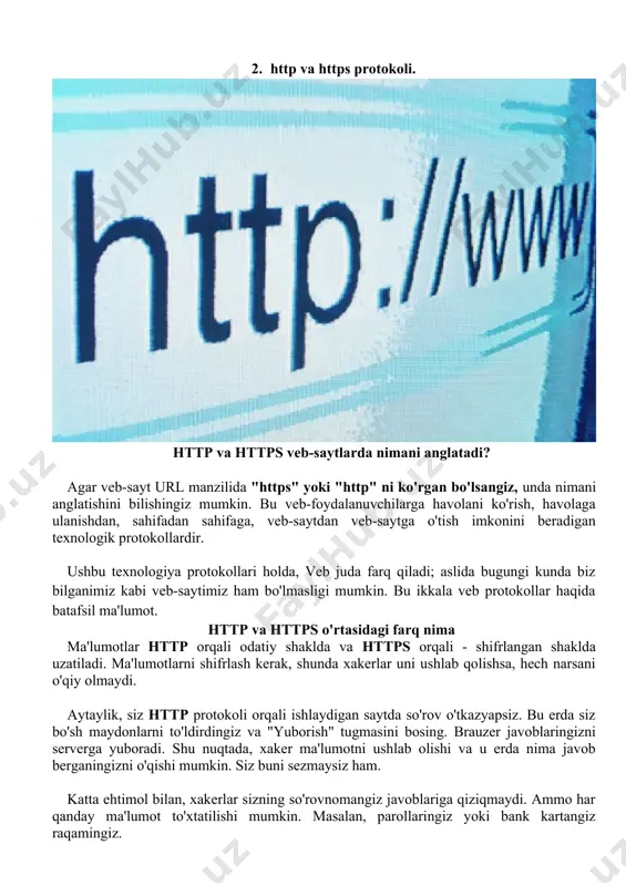 ʻldi. hozirda internet insoniyatning eng katta texnologik yutuqlaridan biri sifatida tan olindi. 2. http va https protokoli. http va https veb-saytlarda nimani anglatadi? agar veb-sayt url manzilida "https" yoki "http" ni ko'rgan bo'lsangiz, unda nimani anglatishini bilishingiz mumkin. bu veb-foydalanuvchilarga havolani ko'rish, havolaga ulanishdan, sahifadan sahifaga, veb-saytdan veb-saytga o'tish imkonini beradigan texnologik protokollardir. ushbu texnologiya protokollari holda, veb juda farq qiladi; aslida bugungi kunda biz bilganimiz kabi veb-saytimiz ham bo'lmasligi mumkin. bu ikkala veb protokollar haqida batafsil ma'lumot. http va https o'rtasidagi farq nima ma'lumotlar http orqali odatiy shaklda va https orqali - shifrlangan shaklda uzatiladi. ma'lumotlarni shifrlash kerak, shunda xakerlar uni ushlab qolishsa, hech narsani o'qiy olmaydi. aytaylik, siz http protokoli orqali ishlaydigan saytda so'rov o'tkazyapsiz. bu erda siz bo'sh maydonlarni to'ldirdingiz va "yuborish" tugmasini bosing. brauzer javoblaringizni serverga yuboradi. shu nuqtada, xaker ma'lumotni ushlab olishi va u erda nima javob berganingizni o'qishi mumkin. siz buni sezmaysiz ham. katta …