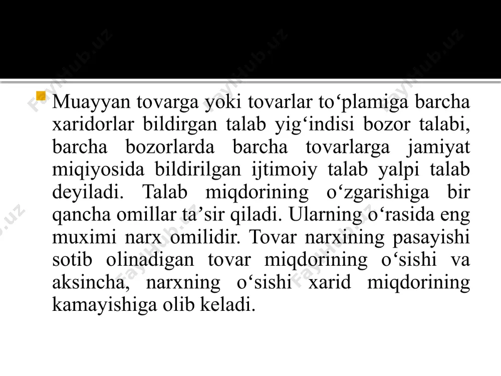 holatlar yuzaga kelishidan qat’i nazar kafolatlangan farovonlik darajasini ta’minlashdan iborat. uy xo`jaligining himoya funksiyasi o`zaro yordam va oila a’zolarini moddiy jihatdan qo`llab-quvvatlashning rasmiy va norasmiy me’yorlariga asoslanadi. uy xo`jaligi bu inson kapitalini ishlab chiqarishning umumiy vazifalari, yashash, byudjet va oila-qarindoshchilik aloqalari bilan birlashgan kishilar guruhidir. uy xo`jaligining asosida hokimiyat munosabatlari yotadi – birgalikdagi iqtisodiy faoliyat ustidan nazorat qilish huquqi uning bir a’zosiga – “oila boshlig`i”ga o`tadi. bozor muvozanati bozordagi tapab va taklifntg miqdoran va tarkib jihatidan bir-biriga muvofiq kelishi. bozor muvozanati bir lahzalik (oʻzgarmas taklifda), qisqa muddatli (tashkilot yoki firmalarning oʻzgarmas miqdori va ishlab chiqarish hajmining oʻzgarishi) va uzoq muddatli (iqtisodiy shartsharoit tashkilot, firmalar va mavjud talabning zamonaviy darajasiga muvofiq kelganda) boʻlishi mumkin. talab va taklif uzoq vaqt bir-biridan ajralib qolsa, bozor muvozanati buziladi. umuman olganda bozor muvozanati hamma tovarlarga nisbatan va uzok, vaqt boʻlishi mumkin. ammo juzʼiy va ayrim tovarlarga nisbatan moslikning buzilishi muqarrar. chunki ehtiyojning yuksalishi bilan yangi …