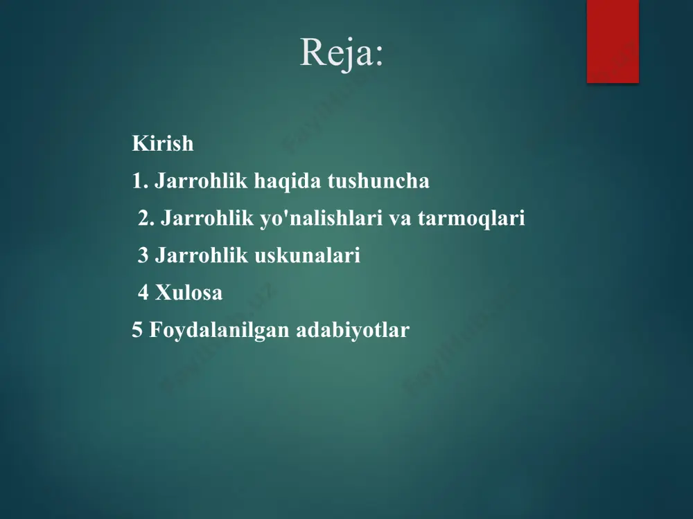 tomir jarrohligi) - qon tomirlari kasalliklarini o'rganadigan jarrohlik bo'limi: arteriyalar va tomirlar. andrologiya - urologiyaning tor bo'limi bo'lib, u erkaklar kasalliklari muammolari bilan shug'ullanadi. ginekologiya - bu ayollarning reproduktiv tizimi kasalliklarini o'rganadigan jarrohlik sohasi . neyroxirurgiya asab tizimi kasalliklari bilan shug'ullanadigan jarrohlikning eng murakkab va tez rivojlanayotgan sohalaridan biridir. kardiojarrohlik - yurak patologiyasini tuzatish bilan shug'ullanadigan jarrohlik bo'limi. oftalmojarrohlik - bu jarrohlik tuzatish va ko'z kasalliklari bilan shug'ullanadigan jarrohlik sohasi. plastik jarrohlik - jarrohlikning qadimiy tarmoqlaridan biri bo'lib, inson tanasining har qanday organi, to'qimalari yoki o'zgargan yuzasining shakli va f unktsiyasini tiklashga qaratilgan jarrohlik aralashuvlar bilan shug'ullanadi. torakal - bu ko'krak qafasi organlari kasalliklari bilan shug'ullanadigan jarrohlik sohasi. urologiya - bu genitouriya tizimi kasalliklari bilan shug'ullanadigan jarrohlik sohasi. og'iz bo'shlig'i va yuz-jag' jarrohligi - yuz, jag'lar, og'iz, bosh va bo'yindagi turli kasalliklar va holatlarni davolash bilan shug'ullanadigan jarrohlik sohasi. endokrin jarrohlik - endokrin bezlar kasalliklari bilan shug'ullanadigan jarrohlik tibbiy jarrohlik …