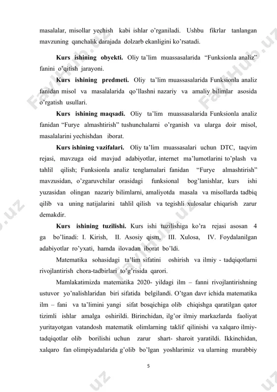 olish bosqichlari o’rtasidagi uzviylik to’liq ta’minlanmagan; ikkinchidan, umumta’lim maktablarida matematika darsliklari o’quvchilarning yoshiga nisbatan fanni o’zlashtirish qiyinlashtiruvchi murakkab masalalardan iborat va boshqa fanlarda o’tiladigan mavzular bilan uyg’unlashtirilmagan; uchinchidan, matematikaga qiziquvchan, xalqaro olimpiadalar g’oliblari bo’lgan aksariyat iqtidorli yoshlarimiz hududlardan bo’lishiga qaramasdan ularning kelgusi rivojlanishi uchun oliy ta’lim va ilm- fan sohasida zarur shart – sharoit yaratib berilmagan; to’rtinchidan, matematika sohasidagi ilmiy- tadqiqotning amaliyot va ishlab chiqarish bilan bog’liqligi zaifligicha saqlanib qolmoqda; beshinchidan, sohadagi olimlarning xorijiy ilmiy va ta’lim muassasalari bilan aloqalari milliy matematikani jahon miqyosiga olib chiqish, xalqaro hamjamiyatda nufuzini oshirish uchun yetarli emas. ta’limning barcha bosqichlarida matematika fanini o’qitish tizimini yanada takomillashtirish, pedagoklarning samarali mehnatini qo’lla- quvvatlash, ilmiy- tadqiqot ishlarining ko’lamini kengaytirish va amaliy ahamiyatini oshirish, xalqaro hamjamiyat bilan aloqalarni mustahkamlash, shuningdek, 2017- 2021- yillarda o’zbekiston respublikasini rivojlantirishning beshta ustuvor yo’nalishi bo’yicha xarakatlar strategiyasini “ ilm, ma’rifat va raqamli iqtisodiyotni rivojlantirish yili ” da amalga oshirishga oid davlat dasturida belgilangan …