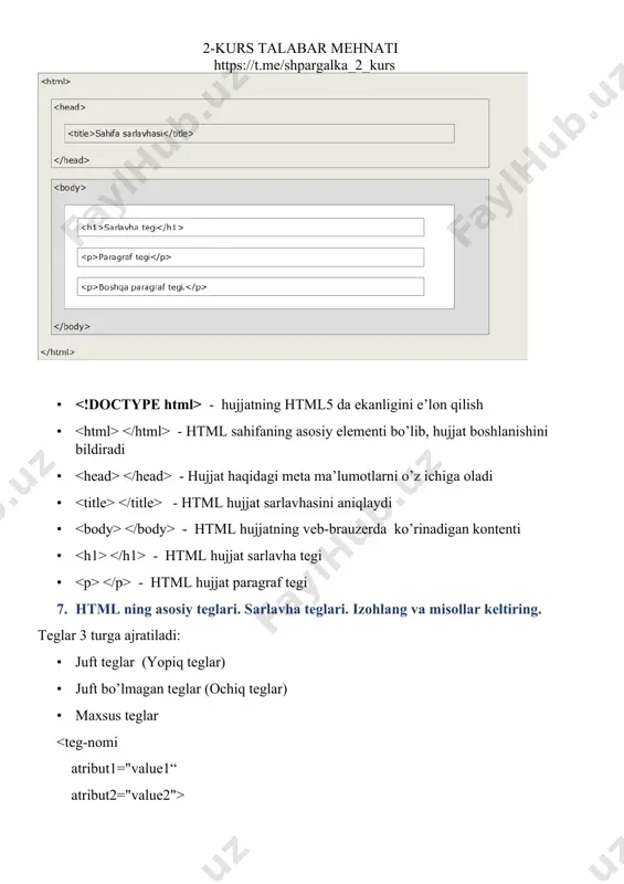 glar content text juft teglar ochilganidan keyin doim yopilishi shart; juft teg ochilganda ko’rinishda, yopilganda esa ko’rinishida bo’ladi. masalan: · · · · juft bo’lmagan teglarda yopuvchi teg bo’lmaydi. masalan: maxsus teglar ascii maxsus belgilarini ifodalashga xizmat qiladi. ularni ifodalash & belgisi bilan boshlanadi: &nomi; // bu yerda maxsus belgi nomi yoziladi &#raqami; // bu yerda belgining 16 lik yoki 10 lik sanoq tizimidagi kodi yoziladi. 13. havolalar bilan ishlash teglari. izohlang va misollar keltiring.. 14. html da ro’yxatlar bilan ishlash teglari. izohlang va misollar keltiring.. tartiblangan ro’yxatlar tegi orqali ifodalanib, ro’yxatning har bir elementi tegi bilan boshlanadi: kitob daftar noutbuk tartiblangan ro’yxatlar atributi type hisoblanadi: · type="1“ · type="a“ · type="a“ · type="i“ · type="i" · kitob daftar noutbuk tartiblanmagan (markerlangan) ro’yxatlar tegi orqali ifodalanib, ro’yxatning har bir elementi tegi bilan boshlanadi: · kitob daftar noutbuk tartiblanmagan ro’yxatlar shakli style atributidagi list-style-type orqali almashtiriladi: · disc · circle · …