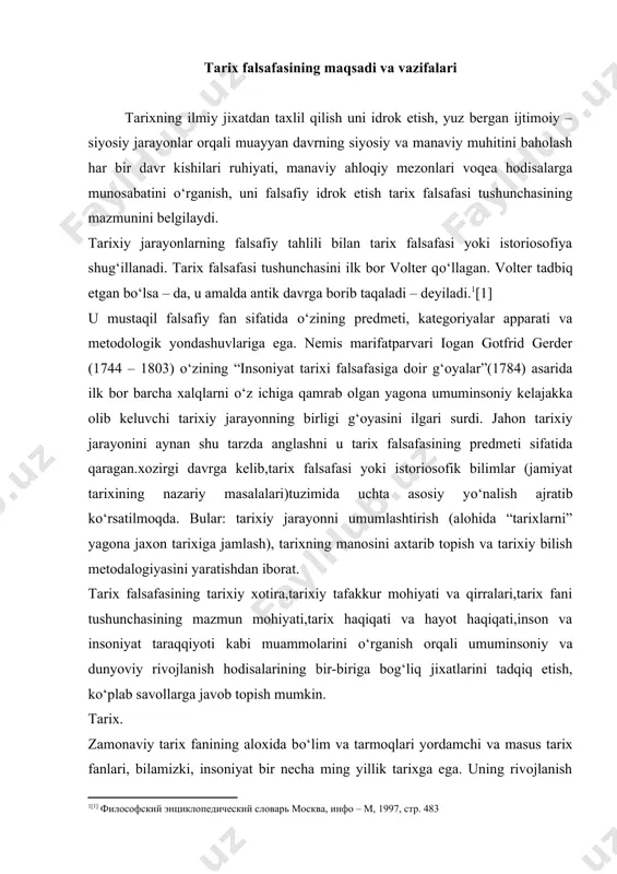 dqiq etish, kо‘plab savollarga javob topish mumkin. tarix. zamonaviy tarix fanining aloxida bо‘lim va tarmoqlari yordamchi va masus tarix fanlari, bilamizki, insoniyat bir necha ming yillik tarixga ega. uning rivojlanish jarayonini tarix fani о‘rganadi. biz tarix sо‘ziga bir qancha tariflarni keltirishimiz mumkin. - tarix yunoncha historian sо‘zidan olingan bо‘lib, о‘tmish voqealar haqida hikoyalar,bо‘lib о‘tgan hodisalar degan manoni anglatadi. tarix,vaqt,davr,zamon,axtarish,qidirish,topish,tekshirish tekshirganlarni о‘rganish va о‘rganganlarni hikoya qilish degani. - tarix – asrlar shohidi, haqiqat mas’hali,qalb xotirasi, hayot muallimidir. - tarix – tabiat va jamiyatning har bir taraqqiyot jarayonining kishilik jamiyatini xar taraflama о‘rganuvchi fan hisoblanadi. - tarix – yunoncha sо‘z bо‘lib, tadqiqot, hikoya manolarini bildiradi. - tarix insoniyat о‘tmishi rivojlanishining va xilma – xilligini о‘rganib, uning hozirgi va kelajak istiqbolini aniq tushinish maqsadidagi fandir. tarixning subyekti inson sanaladi. -tarix о‘tmishning kо‘zgusi, kelajakning ustozi hamma fanlarning xam о‘ziga xos bо‘limlari tarmoqlari, yordamchi va maxsus fanlardan iborat bо‘lgani kabi zamonaviy tarix fanida xam bо‘lim …