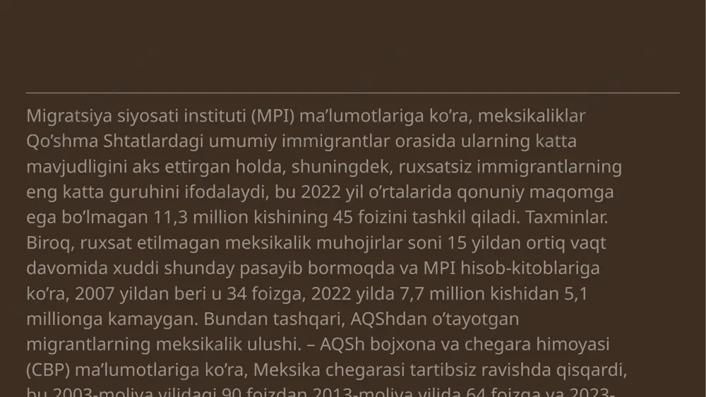 ʻilgan umumiy aholi soni (47 yosh) bilan bir xil boʻlgan, bu aqshda tugʻilgan aholidan (37 yosh) katta edi. meksikalik immigrantlar mahalliy va umumiy chet elda tug’ilgan aholiga nisbatan mehnatga layoqatli yoshga ega bo’lish ehtimoli ko’proq edi. meksikalik kattalarning ta’lim darajasi mahalliy va umumiy chet elda tug'ilgan aholiga qaraganda pastroq. 2023-yilda 25 va undan katta yoshdagi meksikalik muhojirlarning taxminan 50 foizida o‘rta maktab diplomi yoki unga tenglashtirilgan diplom yo‘q, xorijda tug‘ilgan barcha kattalarning 25 foizi va aqshda tug‘ilgan kattalarning 7 foizi. meksikalik muhojirlarning qariyb 9 foizi bakalavr yoki undan yuqori darajaga ega ekanligini maʼlum qilgan, immigrantlarning 35 foizi va aqshda tugʻilgan kattalarning 36 foizi. umuman olganda, katta yoshli immigrantlar singari, meksikada tug’ilganlar ham aqshda tug’ilganlarga qaraganda ko’proq ish kuchida qatnashadilar. 2023-yilda 16 va undan katta yoshdagi meksikalik muhojirlarning qariyb 68 foizi fuqarolik ishchi kuchida bo‘lgan, bu hol chet elda tug‘ilganlarning 67 foizi va aqshda tug‘ilgan aholining 63 foizi. ushbu ikki guruh …