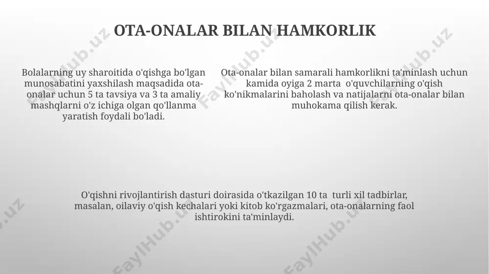 engaytirish uchun kamida 1000 ta yangi so'z bilan tanishtirishni va ularning o'qish tezligini daqiqasiga kamida 30 so'zgacha oshirishni nazarda tutadi. dastur, bolalarning lug'at boyligini kengaytirish uchun kamida 1000 ta yangi so'z bilan tanishtirishni va ularning o'qish tezligini daqiqasiga kamida 30 so'zgacha oshirishni nazarda tutadi. birinchi qadam davlat dasturiga asoslangan savodxonlik ta'limi dasturda bolalarning fonetik eshitishini rivojlantirishga alohida e’tibor qaratilib, harflarni toʻgʻri talaffuz qilish va soʻzlarni boʻgʻinlarga ajratish kabi koʻnikmalar shakllantiriladi. “birinchi qadam” davlat dasturi 5-7 yoshli bolalar uchun oʻqish va yozish koʻnikmalarini rivojlantirishga qaratilgan boʻlib, darslarning 70% amaliy mashgʻulotlarga asoslangan. “birinchi qadam” dasturiga koʻra, birinchi sinfga tayyorgarlik jarayonida kamida 200 ta yangi soʻz oʻrganish va sodda matnlarni mustaqil oʻqish mahoratini egallash nazarda tutiladi. qiyinchiliklar va ularni yengish yo'llari davlat dasturida belgilangan maqsadlarga erishishda, ayniqsa, 5-6 yoshli bolalarda diqqatni jamlash qiyinchiliklari kuzatiladi, bu muammoni yengish uchun individual yondashuv va qisqa, qiziqarli mashg'ulotlar samarali. matnni tushunishda 20% bolalarda semantik tahlil qilish qiyinchiliklari …