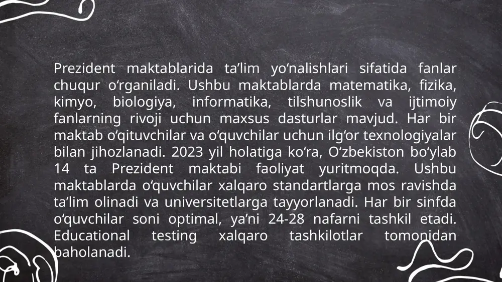 'z ona tilida ravon so'zlash, yozish va adabiy asarlarni tushunishga o'rgatadi. ona tili va adabiyot dasturi o'rta ta'lim maktablarida 1-sinfdan 11-sinfgacha davom etadi. har yili o'quv yilida o'quv rejasi bo'yicha o'rtacha 100 dan 120 soatgacha dars o'tiladi. ushbu fanning asosiy maqsadi milliy madaniyatni saqlash, rivojlantirish va o'quvchilarda mustaqil fikrlash ko'nikmalarini shakllantirishdan iborat. adabiyot darslarida o'zbek va jahon adabiyotining nodir asarlari o'rganiladi. ... t.me/slaydai_bot tabiiy fanlar, xususan fizika va kimyo, ilmiy bilimlarni rivojlantirishda muhim o‘rin tutadi. fizika olamning fizik qonunlarini, masalan, nyutonning harakat qonunlari, termodinamika qonunlari va elektromagnitizmni o‘rganadi. kimyo esa moddalar va ularning xossalarini, tarkibiy qismlarini va o‘zaro ta'sirini o‘rganadi. kimyoda asosiy tushunchalar tarkibida mendeleyevning davriy qonuni, molar massa va kimyoviy reaksiyalar kiradi. o‘zbekiston respublikasida ushbu fanlar 7-sinfdan boshlab majburiy o‘qitiladi va o‘quvchilarni ilmiy tartibda fikrlashga o‘rgatadi. har yili shular bo‘yicha olimpiadalar tashkil etilib, talabalarga tanlov va mukofotlar taqdim etiladi. ... t.me/slaydai_bot texnologiya va informatika ta'limi sohasida talab yuqori bo'lib, …