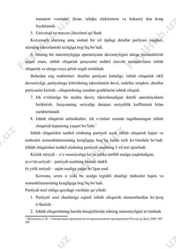 shlab chiqarish sikli davomiyligi, partiyalarga kitirishning takrorlanish davri, zadellar miqdori, detallar partiyasini kiritish - chiqarishning standart grafiklarini ishlab chiqish. 7. ish o‘rinlariga bir nechta davriy takrorlanadigan detalli operatsiyalarni biriktirish. jarayonning seriyaligi darajasi seriyalilik koffitsienti bilan xarakterlanadi. 8. ishlab chiqarish uchastkalari, ish o‘rinlari orasida tugallanmagan ishlab chiqarish hajmining yuqori bo‘lishi.7 ishlab chiqarishni tashkil etishning partiyali usuli ishlab chiqarish hajmi va mahsulot nomenklaturasining kengligiga bog‘liq holda turli ko‘rinishda bo‘ladi. ishlab chiqarishni tashkil etishning partiyali usulining 3 xil turi ajratiladi. kichik seriyali – o‘z xususiyatiga ko‘ra yakka tartibli usulga yaqinlashgan, a) o‘rta seriyali – partiyali usulning klassik shakli. b) yirik seriyali – oqim usuliga yaqin bo‘lgan usul. korxona, sexni u yoki bu usulga tegishli ekanligi mahsulot hajmi va nomenklaturasining kengligiga bog‘liq bo‘ladi. partiyali usul oldiga quyidagi vazifalar qo‘yiladi: 1. partiyali usul shartlariga oqimli ishlab chiqarish elementlaridan ko‘proq o‘tkazish. 2. ishlab chiqarishning barcha bosqichlarida ishning maromiyligini ta‘minlash 7 шепеленко г.м. ―организация производства на промышленних …