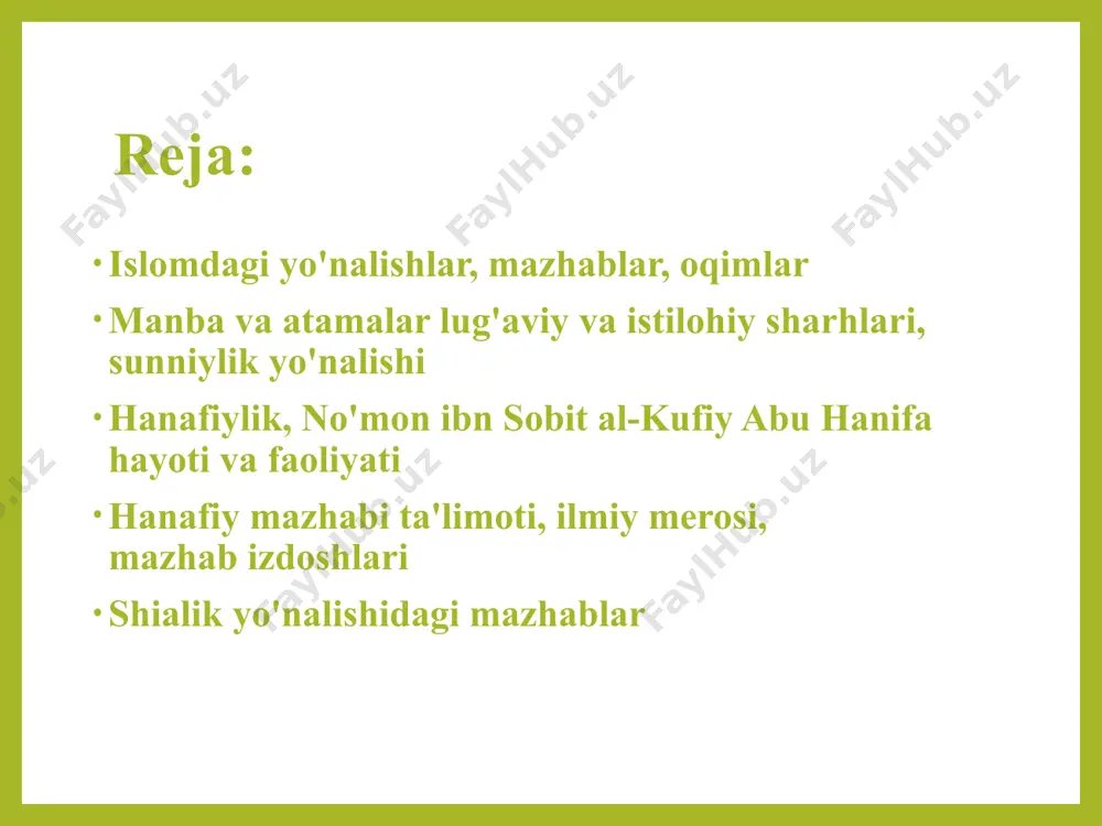hitilishi jarangdor partiya, tashkilotlar "islom uyg'onish partiyasi", "hizbulloh" (alloh partiyasi), "hizb at-tahrir al-islomiy" (islom ozodlik partiyasi) kabilarni tuzib, mavjud konstitutsiyaviy tuzumni ag'darib tashlab, yaxlit jug'rofiy hududda islom davlati qurish, xalifalikni qayta tiklashga harakat qildilar. manba va atamalar lug'aviy va istilohiy sharhlari, sunniylik yo'nalishi islomning lug'aviy ma'nosi "buyuruvchining farmoni va taqiqiga e'tirozsiz bo'ysunish hamda uni buyurilgandek bajarish", demakdir. islomning istilohniy ma'nosi alloh tarafidan yuborilgan barcha payg'ambarlar insonlarga islom dinidan ta'lim berganlar. alloh taologa, uning sifatlariga, oxirat kuniga payg'ambar yo'llagandek ishonish, kitoblarini tasdiqlab, ular ravshanlantirib bergan to'g'ri yo'ldan borish, yaratganni yagona bilib, undan boshqasiga ibodat qilmaslikdir. shariat to'g'ri yo'lga solmoq, qonunchilik yo'naltirmoq, ibodat yo'llari, hayotiy va ijtimoiy qoidalar, kishilar orasidagi munosabat va muammolar, halol bilan haromni ajratib bermoqdir. qur'on va sunnatning hukmlaridan olingan mana shu qonunlar fiqh ilmi, deyiladi. www.arxiv.uz islomda asosan ikki yo'nalish: sunniylik (ahli sunna val jamoa sunnat va jamoat ahli) va shialik (shiat ali ali tarafdorlari) mavjud bo'lib, ularning …