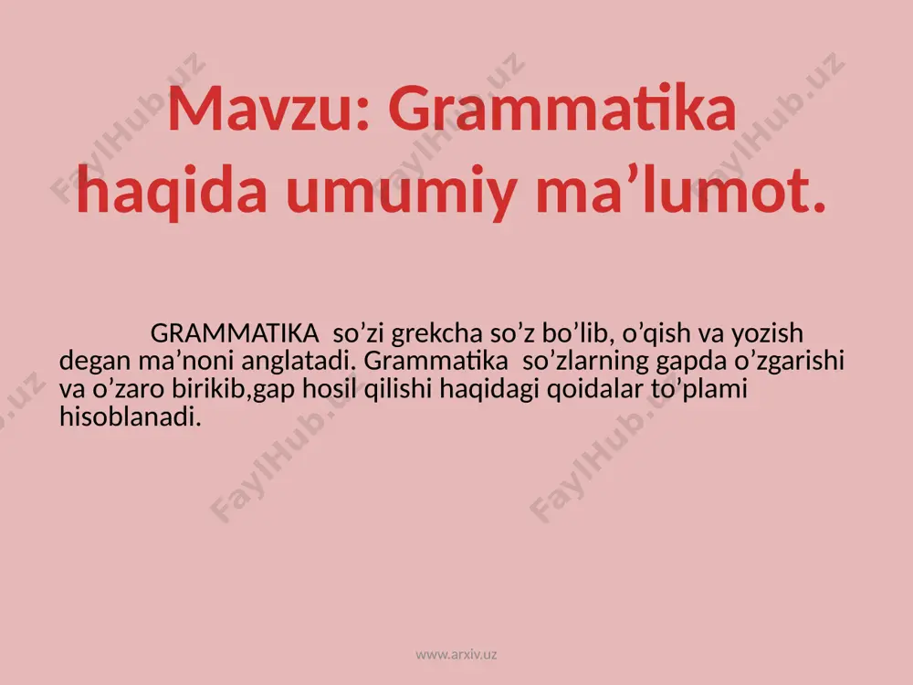 ( ish- harakat) dan tashqari, grammatik zamon va shaxs-son ma’nolarini ham ifoda qiladi.bular leksik ma’noga qo’shiluvchi grammatik ma’no bo’lib, -moqda, -imiz affikslari orqali shakllanadi. so’zning grammatik formasi www.arxiv.uz www.arxiv.uz sintetik forma analitik forma juft va takroriy forma sintetik forma affiksli so’zlardir: kitobni, yozmoqdasan, keltir va boshqalar. analitik forma yordamchi so’lar ishtirokida xosil bo’ladi: zulfiya singari, talaba uchun. juft va takroriy formalar- ham ma’lum grammatik ma’no ifoda qiladi. masalan, juft formalar (erta-kech, qishin-yozin), takroriy formalar ko’plik qop-qop (bug’doy), katta-katta (shaharlar) ni ifodalaydi. www.arxiv.uz grammatik ma’noni ifodalash usullari. affiksal vosita; sof nomustaqil va nomustaqil vazifadagi so’z; so’z tartibi; takror; ohang; sintaktik qolip; www.arxiv.uz affiksatsiya tilimizda grammatik ma’no ifodalashning eng keng tarqalgan turi, u orqali deyarli aksariyat grammatik ma’no ifodaladi.ifodalaydigan grammatik ma’noning xarakteriga va o’z mohiyatiga ko’ra affikslar ikiga bo’linadi: a)so’z yasovchi affiks. masalan: -chi, -la. b)shakl yasovchi affiks.masalan, -ni, cha. www.arxiv.uz sof nomustaqil va nomustaqil vazifadagi so’z ham grammatik ma’no ifadolovchi vosita …