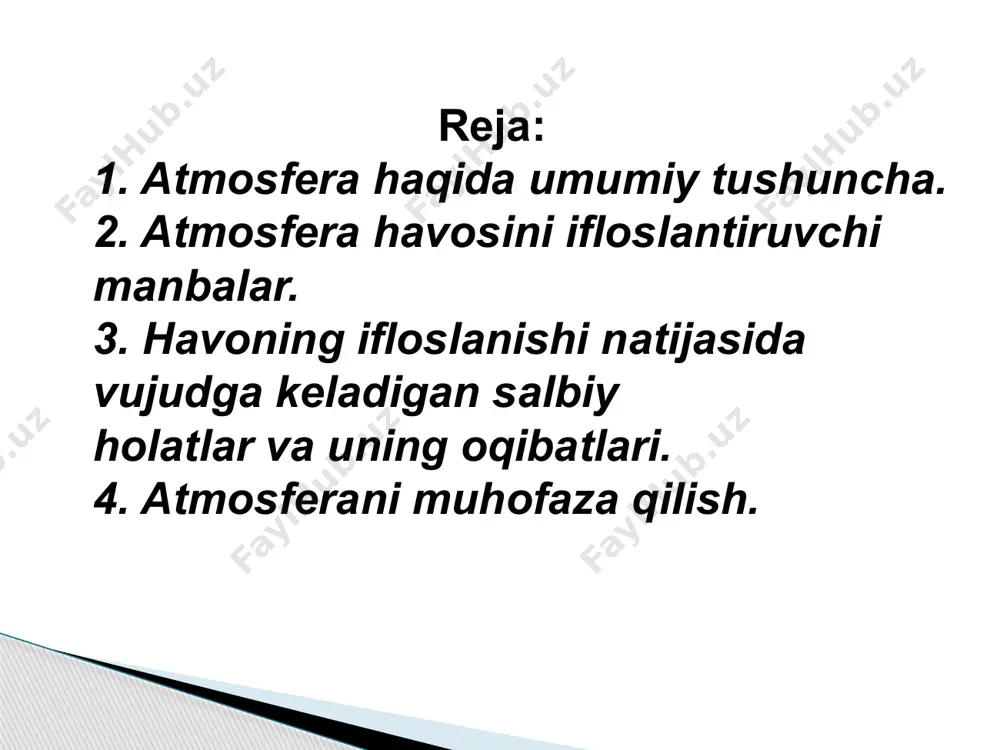 da kislorod va karbonat angidrid almashinuvi (ichki nafas olish).nafas olish orqali tashqi muhitdan qabul qilingan kisjorod ishtirokida hujayra va to'qimalarda oqsil, yog' va uglevodlar oksidlanib, energiya hosil qiladi. hujayra va to'qimalardagi barcha hayotiy jarayonlar (qo'zg'alish, harakatlanish, ko'payish) ana shu energiya hisobidan amalga oshadi aholi yashash joylarida havoning ifloslanganlik darajasi va ta`siri rem ko`rsatkichlari bo'yicha belgilanadi. turli moddalarning ta`sir darajasiga qarab xilma-xil rem ko’rsatkichlari belgilangan. masalan. quyidagi rem ko’rsatkichlarini ajratish mumkin; is gazi-0,01 mg/m3: oltingugurt gazi-0,05 mg/m3; xlor-0,03mg/m3; fenol-0,01 mg/m3; formaldegid 0,003 mg/m3; qurum-0,05 mg/m3: va hokazo. rem ko’rsatkichlari turli davlatlarda farqlanishi mumkin. hozirgi kungacha atmosfera havosidagi 600 ta kimyoviy moddaning rem lari ishlab chiqilgan, shuningdek 38 ta moddalaning birlashib ta'sir qilishi o'rganilgan bo’lib ular uchun me'yorlar belgilangan. atom sanoatining rivojlanishi, ayniqsa atom qurollarini sinash, suv, atmosfera va tuproqni ifloslantiruvchi sanoat chiqindilarining koʻpayib borishi muammolari muhim boʻlib bormoqda. odam madaniy oʻsimliklar va uy hayvonlari uchun maʼlum darajada yangi sharoit yaratdi, ularning …