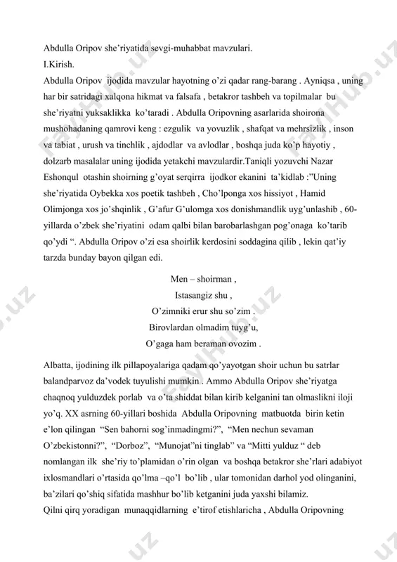 va boshqa betakror she’rlari adabiyot ixlosmandlari o’rtasida qo’lma –qo’l bo’lib , ular tomonidan darhol yod olinganini, ba’zilari qo’shiq sifatida mashhur bo’lib ketganini juda yaxshi bilamiz. qilni qirq yoradigan munaqqidlarning e’tirof etishlaricha , abdulla oripovning shoir sifatidagi salohiyati avvalo o’z eli , o’z yurtiga cheksiz mehr-muhabbati , hamisha xalq dardi bilab yonib, unda ilhom olib yashagani , binobarin , chuqur xalqchilligi , hayotiy salmog’i , milliy ruhi bilan belgilanadi . taniqli adabiyotshunosh umarali normatovning guvohlik berishicha , bir guruh shoir va adiblar atoqli yozuvchimiz abdulla qahhorning bog’ida sayr qilib yurishganlarida said ahmad ustoz abdulla qahhorga : · siz “otmishdan ertakalar “ qissangizga mittigina boshlovchi shoir abdulla oripov satrlarini epigraf qilib keltiribsiz , - debdi andak quvlik bilan . shunda abdulla qahhor biroz sukut saqlab , xayolga tolib : · bu borada ko’p o’ylab ko’rdim , - debdi. so’ng : - oldinroq abdullajon iltimosimga ko’ra “nurli cho’qqilar”ga epigraf uchun to’rt satr she’r …