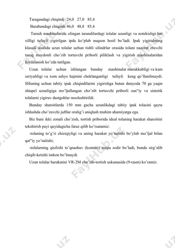 ksimal shakliy o’zgarish (deformatsiyasi) holati quyidagicha bo’ladi. (2) bu erda, e-xususiy (alohida) tortilish (e1 yoki e2 ga teng). (3) l – tolaning uzunligi; l=l1 yoki l=l2 – cho’zuvchi juftlar oralig’i; l=l2 mumkin. vo, v1 yoki v2 – ta‟minlovchi juftlar tezligi; e – ipakning uzilishgacha cho’zilishi. agar tabiiy ipak tolalarining uzilishigacha cho’zilishi 20 % ni tashkil qiladi deb qabul qilinsa, unda ɛtax=[ɛ] qabul qilish mumkin, bu erda [ɛ] 0,17-0,20 bu tolalarning cho’zilishigacha mumkin bo’lgan deformatsiyasi. buni hisobga olganda, tortish juftlari orasidan uzilgandan o’tgan tolalarni maksimal, eng katta uzunligi orasidagi tenglama bilan belgilanadi. (4) bu ifoda cho’zilish chegarasida uzilmay o’tadigan, cho’zilishlarga va juftlar oralig’iga bog’liq bo’lgan tolaning mumkin bo’lgan maksimal uzunligi. bu quyidagi holda bo’lishi mumkin. bu degani: l˂l bo’lganda e miqdori o’sishi va l oraliq qisqarilishi bilan lmax ning miqdori eksponensial qonun bo’yicha kamayadi. 8- jadvalda e=1,2...2,0 va l=60... 100 mm tarzida tasvirlangan, (4) formula bo’yicha berilgan hisoblar keltirilgan. 8-jadval cho’zuvchi …