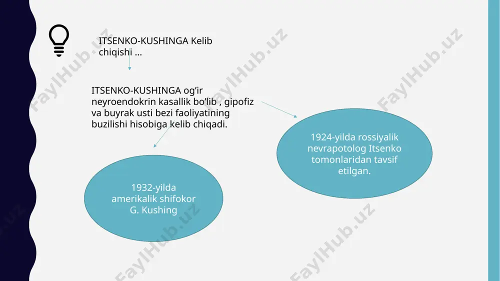 bog‘lanish» prinsipiga asosan gipofiz adenomasi sekretsiyasi yana ham kuchayib, kortikotrof hujayralar transformatsiyalanib malignizatsiyaga uchraydi. aktg miqdori haddan ziyod oshib melanotsitstimullovchi gormon sekretsiyasini kuchaytirgani sabab teri qoplamalarining 371 giperpigmentatsiyasiga, ya’ni qorayib ketishiga, gipofiz bezining kattalashuvi hisobiga gipopituitarizm va ko‘ruv o‘tkirligining pasayishiga olib keladi ushbu asoratning oldini olish yoki uni minimallashtirish maqsadida operatsiyadan keyin buyrakusti bezi nativ to‘qimasi autotransplantatsiyasi qilinadi itsenko – kushing kasalligi bor bemor bolalarda rentgenoterapiyaga sezuvchanlik yuqori bo‘lib, medikamentoz terapiya bilan birgaliqda o‘tkazish shartdir. itsenko-kushing kasalligida medikamentoz davo asosan simptomatik maqsadlarda o‘tkaziladi.simptomatik davo choralari kasallikning asosiy sindromlari arterial gipertenziya, modda almashinuvi buzilishi, miya ichi bosimining oshishi, kalsiy o‘rinbosar terapiyasi va hokazolarga qaratilgan. bunday bemorlarga jarrohlik yoki nur bilan davolashdan oldin tayyorlovchi davo o‘tkaziladi. bu borada degidratatsion terapiya sifatida, tibbiy glitserin, magneziy sulfati hamda diuretik dori vositalari keng qo‘llaniladi. etiboringiz uchun raxmat image1.png image2.png image3.svg image4.png image5.png image6.png image7.png image8.png image9.png image10.png image11.png image12.png /docprops/thumbnail.jpeg