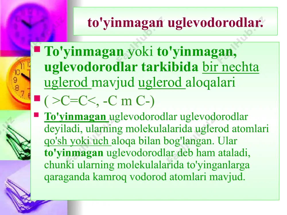 h 2 + hbr →ch 3 -chbr -c h 3 propen 2-bromopropan hidratsiya (+ h 2 o) markovnikov qoidasiga ko'ra sodir bo'ladi ch 2 \u003d ch 2 + h 2 o → ch 3 -ch 2 oh (qizdirilganda kislotali muhitda ) etanol (birlamchi spirt) c h 2 \u003d ch-ch 2- ch 3 + h 2 o → c h 3 -choh-ch 2 -ch 3 buten-1 butanol-2 (ikkilamchi alkogol) ii . oksidlanish reaktsiyasi yonish: a) to'liq (ortiqcha o 2 ) c 2 h 4 + 3o 2 → 2co 2 + 2h 2 o 10 b) to'liq bo'lmagan (kislorod etishmasligi) c 2 h 4 + 2o 2 → 2co + 2h 2 o c 2 h 4 + o 2 → 2c + 2h 2 o kmno 4 , k 2 cr 2 o 7 ch 2 \u003d ch 2 + (o) + h 2 o----- ch 2 - ch 2 …