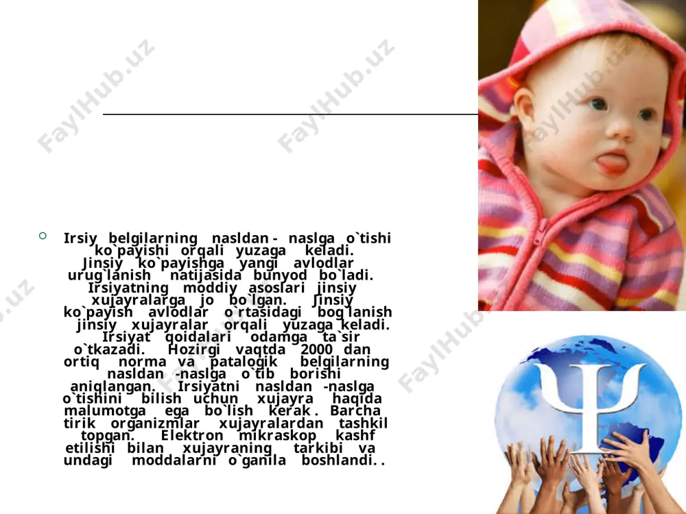 lgan ichimlik tezda qonga o`tib badanning barcha a`zolariga kirib boradi. u asab to`qimalarina ishdan chiqaradi. markaziy nerv sistemasi faoliyati izdan chiqaradi. ichkilikboz ota-onalarning bolalari tutqanoq, ruxiy kasalliklak va tug`ma nogiron bo`lib tug`iladi. daun kasalligi. odamning xromasoma to`plamida bitta ortiqcha xromasoma bo`lib, diploid to`plamida ularning soni 47 taga borib qoladi. bu daun kasalligidir. u tug`ma aqliy qoloqlik bo`lib jismoniy jihatdan rivojlanishda kamchilik bo`ladi. daun kasalligining tashqi belgilari: boshning dumaloq, kichikroq bo`lish va ensaning yassi tortib qisqarib qolgani, liqqildoqlarninig kech bekilishi. peshonaning tekis tor bo`lib, sochli joyi chegarasining past turishi. ko`z tirqishlarining tor bo`lib, qiyshiqroq turishi. burunning kalta asosining kengayganligi. og`izning yarim ochiq turishi, tilning qalin tortib ko`ndalangiga ketgan chuqur –chuqur egatchalari borligi. quloq supralarining kichkinaligi. qo`l barmoqlari yo`g`on, yassi, kalta va qiyshaygan.