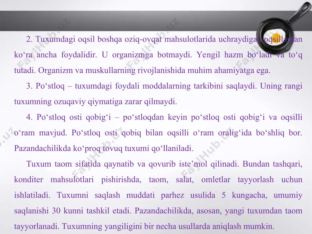 sa, vetchina, pomidor, piyoz v. b.) tovada oldindan qovurib olinadi. qovurilgan tuxumning oqini sarig‘iga aralashtirmasdan tayyorlash texnologiyasi buning uchun tuxumning sarig‘ini buzmasdan, ehtiyotlik bilan chaqiladi. tayyorlangan tuxumlar qizdirilgan tovaga solinadi, tuz sepiladi va past olovda tuxumning oqi pishgunga qadar qovuriladi. sarig‘i chala pishirilishi, shakli saqlanishi kerak. qovurilgan tuxum ehtiyotlik bilan idishga solinadi. ko‘katlar va boshqa mahsulotlar bilan dasturxonga tortiladi. 2 - amaliy mashg‘ulot quymoq tayyorlash texnologiyasi kerakli jihozlar: gaz yoki elektr plitasi, sirli tovoq, ko‘pirtirgich yoki mikser, sanchqi, cho‘mich. masalliqlar: 1 litr sutga 400 g un, 4 dona tuxum, 20 g o‘simlik yog‘i, ta’bga ko‘ra tuz va shakar kerak bo‘ladi. sirli tovoqqa sut, ta’bga ko‘ra tuz, shakar, un solib yaxshilab iylab, qumoqlari ketguncha aralashtiriladi. bir tekis hosil bo‘lgan massaga ko‘pchitilgan tuxum, yog‘ solib aralashtiriladi. tovaga ozgina yog‘ solib qizdiriladi. hosil bo‘lgan aralashma qizib turgan tovani qoplaguncha yoyib chiqiladi va o‘rta olovda pishiriladi. aralashmaning bir tarafi pishgach, kurakcha bilan chetlari ko‘chirilib, …