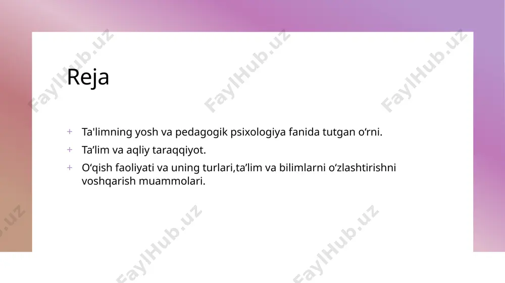 lan bog'liq muammolar, masalan, stress, motivatsiya yetishmovchiligi va o'qituvchining yondashuvi o'quvchilarni salbiy ta'sir qiladi. 3 rivojlanish strategiyalari yosh psixologiyasini hisobga olgan holda, ta'lim strategiyalari va yondashuvlarni rivojlantirish o'quvchilarni samarali ta'lim olishga yo'naltiradi. ta'lim jarayonida aqliy taraqqiyotning asosiy tamoyillari. aqliy taraqqiyot asoslari ta'lim jarayonida aqliy taraqqiyot asoslari o'quvchilarning qobiliyatlari, qiziqishlari va ehtiyojlarini hisobga olgan holda shakllanadi. o'qituvchi roli o'qituvchi, o'quvchilarning aqliy taraqqiyotini qo'llab-quvvatlashda muhim rol o'ynaydi, motivatsiyani oshirishi va individual yondashuvni ta'minlashi zarur. ta'lim strategiyalari ta'lim jarayonida maxsus strategiyalar, masalan, muammoli o'qitish va faol o'qitish usullari, aqliy taraqqiyotni rag'batlantirishda samarali bo'ladi. o'quv faoliyatining aqliy taraqqiyotga ta'siri: nazariy va amaliy yondashuvlar. 1 o'quv faoliyati ta'siri o'quv faoliyati, talabalarning aqliy taraqqiyotiga muhim ta'sir ko'rsatadi, chunki u bilim va ko'nikmalarni rivojlantirish jarayonida qatnashadi. 2 nazariy yondashuvlar nazariy yondashuvlar, o'quvchilarni o'rganish jarayonida motivatsiya va o'z-o'zini boshqarish qobiliyatini oshirishga yordam beradi. bu, o'z navbatida, aqliy taraqqiyotni rag'batlantiradi. 3 amaliy usullar amaliy usullar, masalan, guruhda ishlash va …