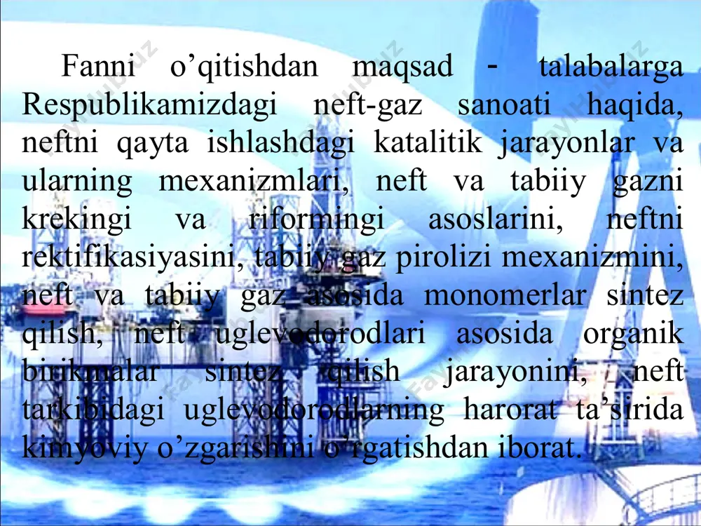 ni tashkil kiladi. katlam suvi tarkibida erigan mineral tuzlar mikdori 2500 mg/l gacha bo'lishi mumkin. neft tarkibidagi mexanik ko'shimchalar kum, tuprok zarrachalaridan xamda karroziya maxsulotlaridan tashkil topgan bo'ladi. yukorida keltirilgan ko'shimchalar jo'natish, saklash va kayta ishlash jaraenlariga, neftdan olinaetgan maxsulotlar tarkibigakatta ta'sir ko'rsatadi. neft tarkibida suvning bo'lishi kuvurda jo'natilaetgan maxsulot mikdorini oshiradi. bu o'z navbatida tashish xarajatlarini immatlashtiradi. neft tarkibida suv mikdori 0,1 foiz bo'lgan xoldaxam rektifikatsiya kolonnasida neftning ko'pirishini sodir etib, texnologik jaraenning normal kechishiga salbiy ta'sir ko'rsatadi. neft tarkibidagi engil uglevodorodlar (s2-s5) foydali maxsulot bo'lib, ular tarkibidan sanoat mikiesida ishlatiladigan suyuk motor eglari, spirtlar, sintetik kauchik, o'gitlar, sun'iy tolalar, parfyumeriyada ishlatiladigan moddalar va boshkalar olinadi. shuning uchun ularni texnologik jaraenlarda isrof bo'lmasligini ta'minlash va kayta ishlash uchun saklash kerak bo'ladi. neft tarkibidagi mineral tuzlar. neft tarkibida mineral tuzlarning bo'lishi kuvur va jixozlarning errozik emirilishini sodir etadi. neftni kayta ishlashni kiyinlashtiradi xamda sovutgichlarda, kizdirgichlarda, issiklik almashtiruvchi uskunalarda koldiklar xosil …