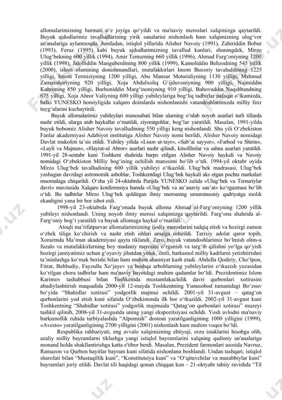 vlat siyosati darajasiga ko‘tarilgan nihoyatda muhim vazifa sifatida qaralib, keng ko‘lamli jiddiy tadbirlar amalga oshirila boshlandi. o‘zbekiston respublikasi prezidentining 2013-yil 12-iyundagi “o‘zbekiston respublikasi davlat mustaqilligining yigirma ikki yillik bayramiga tayyorgarlik ko‘rish va uni o‘tkazish to‘g‘risida”gi qarorida ham bu haqda “davlatimiz tomonidan mustaqillikning ilk kunlaridan boshlab aholi, birinchi navbatda, yoshlarimizning jismonan baquvvat, ma’naviy jihatdan yetuk avlod bo‘lib ulg‘ayishiga berilayotgan yuksak e’tiborning tasdig‘i sifatida mamlakatimizda davlat budjeti xarajatlar qismining 60 foizga yaqini ta’lim, sog‘liqni saqlash, ilm-fan, madaniyat va san’at, sport sohalari rivojiga yo‘naltirilgani dunyo tajribasida kamdan-kam uchrashini, o‘zbekiston ayni sohalarda jahonda yetakchi o‘rinlarni egallab borayotgani nufuzli xalqaro ekspertlar va tahlil markazlari tomonidan e’tirof etilayotgani” qayd etilgan. bu boradagi tarixiy ishlarning amalga oshirilishi yangi jamiyatimiz ma'naviyati binosining qad rostlashiga muhim omil bo‘lmoqda. natijada respublikamizda madaniyat, ma'naviyat sohasining yangi tizimi vujudga kela boshladi. “ma'naviyat va ma'rifat” jamoatchilik markazi, “ta'lim markazi”, “o‘zbekkino”, “o‘zbeknavo”, “o‘zbekraqs”, “o‘zbekteatr”, “o‘zbekmuzey”, badiiy akademiya, o‘zbek amaliy san'at markazi, milliy madaniy markazlar, …