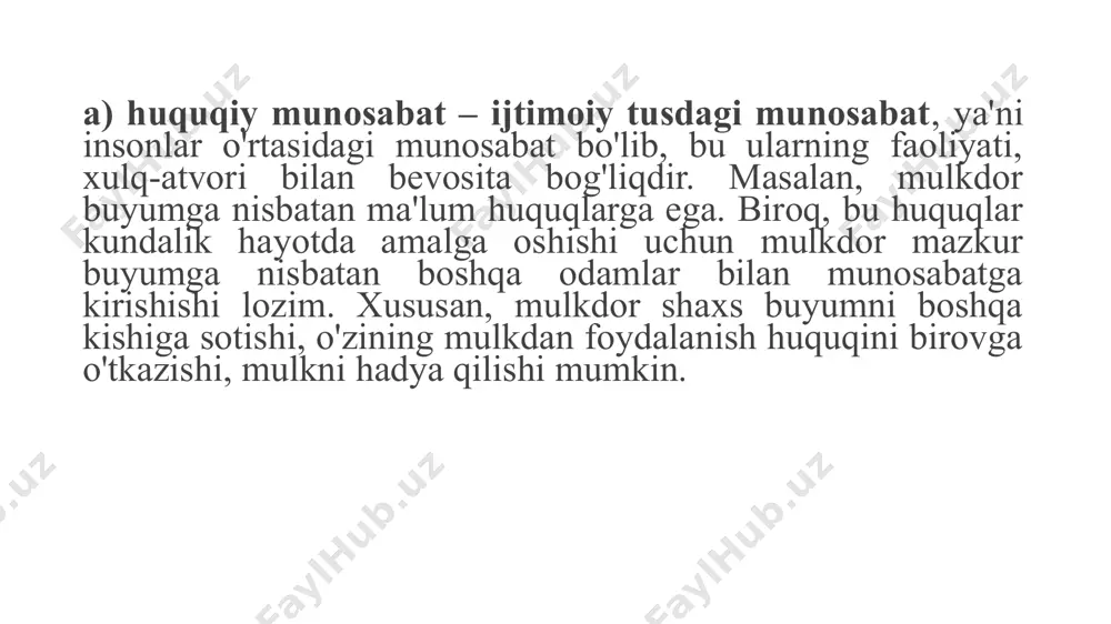 atti-harakati qaratilgan real ne'mat, aniq narsa, jarayon, harakatlar huquqiy munosabatning ob'ekti deb ataladi. huquqiy munosabatning obekti ma'naviy ijod mahsulotlari. moddiy olam ne'matlari. shaxsiy nomulkiy ne’matlar. huquqiy munosabat ishtirokchilarining xulq-atvori va uning oqibatlari. subektiv huquq huquqdor (vakolatli) shaxsning huquq normalari doirasida hamda muayyan yuridik faktlar asosida vujudga keluvchi xatti-harakati, fe'l-atvorining me'yoridir subektiv huquq o'z xatti-harakatlarini amalga oshirish yuzasidan bo'lgan huquqiy vakolatlar. bunga misol: mulkdor o'ziga tegishli mulkka nisbatan egalik qilish, foydalanish va tasarruf etish huquqlariga ega ekanligidir; o'z harakatlarini sodir etish huquqi qonunchilik normalari yoki boshqa shaxslarning sub'ektiv huquqlari bilan cheklanishi mumkin. subektiv huquq o'zgalarning xatti-harakatiga bo'lgan huquqiy vakolat. bunda sub'ektiv huquq javobgar shaxs tomonidan muayyan harakatlar sodir etilgan taqdirdagina amalga oshadi. masalan, qarz shartnomasi bo'yicha pulni qaytarishni talab etish huquqi. subektiv huquq talab tarzidagi huquqiy vakolat. bu vakolatli davlat organiga murojaat etib, muayyan majburiyatning bajarilishini talab etish imkoniyatidir. masalan, sudga murojaat etib, aliment to'lanishini talab qilish huquqi. yuridik majburiyat huquqiy …
