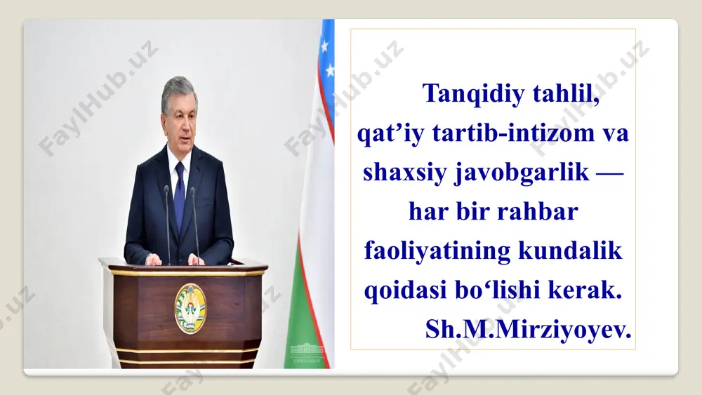 regulyar ravishda monitoring qilib boriladi. xodimlar doimiy ravishda professional rivojlanish uchun treninglarda ishtirok etadilar. xodimlarni nazorat qilishda raqamli platformalar va maxsus dasturlardan foydalaniladi aqsh maktablarida xodimlar uchun yillik yoki oylik baholash tizimi yaratilgan. bu tizimlar xodimlarning o‘z vazifalarini qanday bajarishi, talablar va o‘zlashtirishlari, shuningdek, ish faoliyatidagi mukofotlarni baholashga qaratiladi. rossiya federatsiyasi maktablarida shaffoflikni ta’minlash maqsadida ta’lim muassasalarining faoliyati ochiq muhokama qilinib, jamoatchilik nazorati kuchaytirilgan. bu esa ta’lim sifatini oshirishga xizmat qiladi. qiyosiy tahlil t/r amaldagi holat (o‘zbekistonda) amaldagi holat (xorijda) taklif maktabda xodimlar keldi-ketdi daftarga qayd etib boriladi. ba’zi maktablardagina elektron tizimlar joriy etilmoqda, ammo keng tarqalmagan. xitoy maktablarida xodimlarni nazorat qilishda biometrik ma’lumot (barmoq izi, yuz tanish) dasturlardan foydalaniladi. xodimlarning ish faoliyati va samaradorligi regulyar ravishda monitoring qilib boriladi. xodimlar belgilangan tayyorgarlik kurslaridan o‘tishlari va sertifikat olishlari kerak. o‘quvchi va ularning ota-onalaridan so‘rovnomalar yoki intervyular o‘tkazilib, faoliyatiga munosabatlarini aniqlash uchun ma’lumot yig‘iladi. xodimlar faoliyatini nazorat qilishda barmoq izi, yuz …