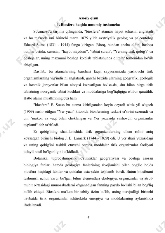 geografiyasi va boshqa asosan biologiya fanlari hamda geologiya fanlarining rivojlanishi bilan bog'liq holda biosfera haqidagi faktlar va qoidalar asta-sekin to'planib bordi. butun biosferani tushunish uchun zarur bo'lgan bilim elementlari ekologiya, organizmlar va atrof-muhit o'rtasidagi munosabatlarni o'rganadigan fanning paydo bo'lishi bilan bog'liq bo'lib chiqdi. biosfera ma'lum bir tabiiy tizim bo'lib, uning mavjudligi birinchi navbatda tirik organizmlar ishtirokida energiya va moddalarning aylanishida ifodalanadi. biosferani tushunish uchun nemis fiziologi pfeffer (1845 - 1920) tomonidan tirik organizmlarni oziqlantirishning uchta usulini o'rnatish katta ahamiyatga ega edi: avtotrof - noorganik tabiatdagi moddalardan foydalanish orqali organizmni qurish; heterotrofik - past molekulyar organik birikmalar yordamida organizmni qurish; miksotrofik - organizm qurilishining aralash turi (avtotrof-geterotrof). biosfera (zamonaviy ma'noda) - bu tirik organizmlarning butun to'plamini va ushbu organizmlar bilan doimiy almashinuvda bo'lgan sayyora materiyasining bir qismini o'z ichiga olgan yerning o'ziga xos qobig'i. biosfera atmosferaning quyi qismini, gidrosferani va litosferaning yuqori qismini qoplaydi. atmosfera yerning eng yengil qobig'i bo'lib, u …