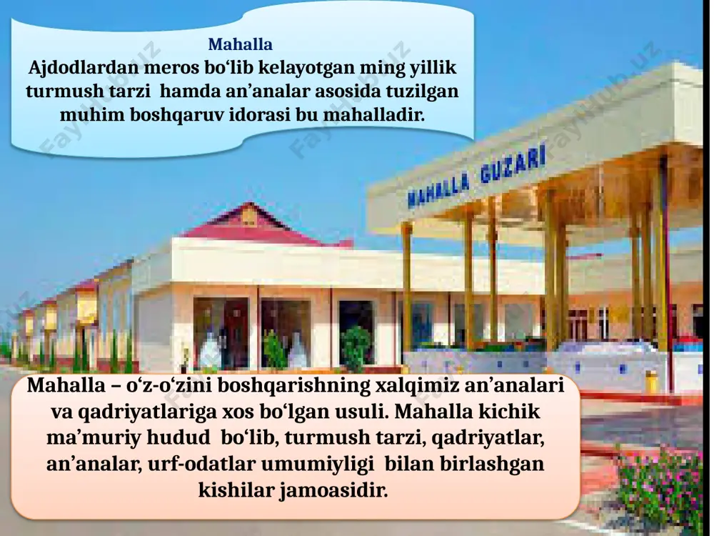 langan. muazzin minoradan mahalla aholisini namozga chaqirgan, uning ovozini eshitgan aholi esa bitta mahallada yashovchi qo‘shnilar bo‘lib hisoblangan. ba’zi mahallalar hunarmandlar uyushmasidan tashkil topgan bo‘lib, ularning ustaxonasi uyining yonida bo‘lgan. mahallalar o‘z hududida joylashgan yodgorlik yoki diqqatga sazovor joylar nomi bilan bog’liq holda nomlangan. ba’zan mahalla aholisi ko’chib kelgan shahar yoki qishloq nomi bilan atalgan. kichik tadqiqot o‘tkazing va natijasini daftaringizga yozing. mahallangizning nomi kimning yoki nimaning sharafiga qo’yilgan? mahallaangizda nechta oila yashaydi? mahallangizda nechta bog’cha va maktab mavjud? mahalla raisingizning ismi, sharfi… mahallangizdagi asosiy ko’chalarning nomi… mahallangizdagi tarihiy joylar… koronavirusning tarqalishiga qarshi kurashish uchun odamlarga uyidan tashqariga chiqish taqiqlandi. bu jarayon, ayniqsa, yolg‘iz keksa lar, imkoniyati cheklangan va kam ta’minlangan oilalar uchun qiyin kechdi. ularning aksariyati yordamga muhtoj bo‘lib qolishdi. bu holat o‘zbekistonga ham o‘z ta’sirini ko‘rsatdi. uyga vazifa 2. “mahallamizda karantin” mavzusida kichik matn tuzing. 1. “mahallam – faxrim” mavzusida so‘rovnoma o‘tkazing va kichik matn shaklida taqdim eting. …