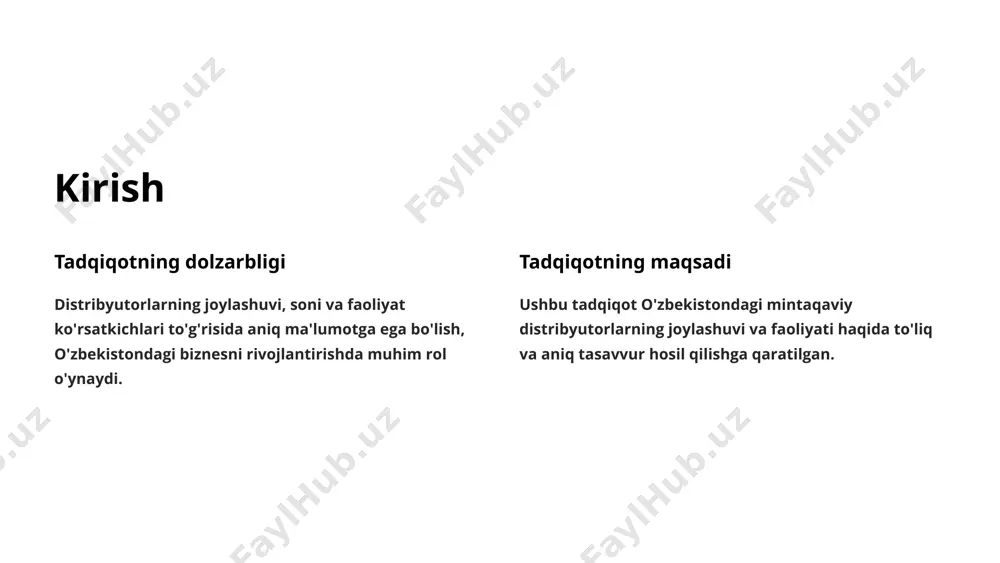 ahri mintaqaviy distribyutorlarning soni va taqsimlanishi 15 toshkent shahri eng ko'p distribyutorlar joylashgan hudud. 10 toshkent viloyati shahardan keyin eng ko'p distribyutorlar soni. 5 farg'ona viloyati uchinchisi - farg'ona viloyati, soni 5tadan ortiq. 3 boshqa viloyatlar qolgan viloyatlarda 3tadan kam distribyutor mavjud. mintaqaviy distribyutorlarning bozordagi ulushi toshkent shahri 40% bozordagi ulushni egallaydi. toshkent viloyati 25% bozordagi ulushni egallaydi. farg'ona viloyati 15% bozordagi ulushni egallaydi. qolgan viloyatlar 20% bozordagi ulushni egallaydi. mintaqaviy distribyutorlarning mahsulot assortimenti oziq-ovqat mahsulotlari go'sht, sut mahsulotlari, meva-sabzavotlar. texnika uy jihozlari, kompyuterlar, telefonlar. kiyim-kechak ayollar, erkaklar va bolalar kiyimlari. boshqa dori-darmonlar, o'yinchoqlar, kosmetika. e'tiboringiz uchun rahmat image1.png image2.png image3.png image4.png image5.png image6.png image7.png image8.png image9.png image10.png image11.png image12.png image13.png image14.png