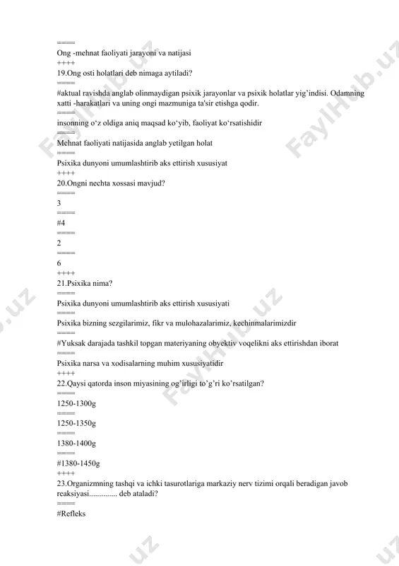 = suhbatdoshga ta’sir kо‘rsatish ++++ 37.so’z belgilari tizimi bo’lib, u muloqot jarayonida psixik faoliyat mahsuli bo’lib yuzaga keladi? ==== nutq ==== ong ==== #til ==== muloqot ++++ 38.pedagog va o’quvchilarning o’zaro ta'sir etish usullari yiq`indisi................? ==== #pedagogik muloqot ==== hamkorlik faolligi ==== o’zaro tushunish ==== o’zaro hamkorlik ++++ 39.insoning o ’zini xayolan suhbatdoshi o’rniga qo’yish orqali uning kechinmalari va hissiyotlarini tushunishga intilishi? ==== identifikasiya ==== #empatiya ==== steriotipizasiya ==== apatiya ++++ 40."ovoz bilan gapiramiz, tana biian suxhbatlashamiz" mazkur fikr muallifini aniqlang? ==== farobiy ==== egzipyure ==== #publisiy ==== rubinshteyn ++++ 41.faoliyat nima? ==== maqsadlarimiz mazmuni va uni bajarish usuli ==== kо‘nikma va malakalar jarayonining sodir bо‘lishi ==== bilishga bо‘lgan extiyoj asosda shakllanadigan motivlar ==== #anglangan maqsad bilan boshqariladigan ichki (psixik) va tashqi (jismoniy) harakatlar ++++ 42.kо‘nikma bu…? ==== #biror faoliyatni amalga oshirish uchun mavjud bilimlardan va malakalardan foydalana olish ==== faoliyatda faollik kо‘rsatish ish-harakatlar yig‘indisi ==== avtomatlashgan xarakatlar ish-harakatlar yig‘indisi …