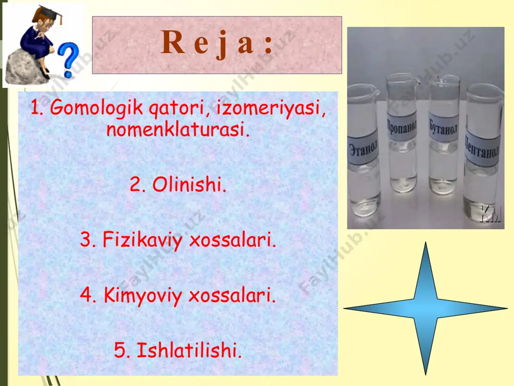 p i r t l i b i j g` i s h i natijasida etanol olinadi. c6h12o6  2c2h5oh + 2co2 bu jarayon natijasida oz miqdorda aldegid va molekulasida c soni 3 tadan 5 tagacha bo`lgan spirtlar aralashmalari sivuxa moylari hosil bo`ladi. kletchatka saqlaydigan o‘simliklardan olingan etil spirt «gidroliz spirt» deb ataladi. uning tarkibida 0,3—0,5% gacha metil spirt bo‘ladi. biokimyoviy usulda spirt olish 8 o l i n i s h i ketonlarni qaytarib ikkilamchi spirtlar olinadi aldegidlarni qaytarib birlamchi spirtlar olinadi 9 o l i n i s h i alkenlarni gidratlab etilen etanol c2h4 + h2o  c2h5oh alkilgalogenidlarga ishqorning suvli eritmasi ta’sirida r-cl + naoh  r-oh + nacl + h2o bu reaksiya natijasida qo`shimcha maxsulotlar hosil bo`ladi. toza spirt olish uchun agoh ishlatiladi. 10 o l i n i s h i sanoatda metanol is gazidan sintez qilib olinadi: metanol karbinol yog’och spirti metanol sanoatda …
