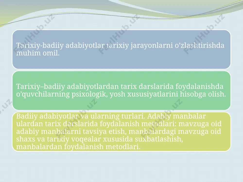 ks etganini tushuntirish lozim. belletristik asarlarga — tarixiy romanlar, tarixiy temalarda yozilgan povestlar, o’rganiladigan davr haqidagi badiiy asarlar, hikoyalar kiradi. bu asarlar tarixiy manbalar, memuarlar va hujjatlar, ilmiy tekshirish ishlari va monografiyalarni o’rganish asosida yozilgan bo’lib, ularda o’tmish voqealari ba­diiy tasvirlar va badiiy obrazlar orqali ifodalanadi. belletristika tarix fani uchun hujjatli manba bo’la olmasada, o’quvchilarga o’tmishni aniq tushuntirishda muhim vosita bo’lib xizmat qiladi. tarixiy roman va povestlarni o’qish natijasida o’quvchilarda tarixga qiziqish uyg’onadi. o’rganilayotgan davrga doir adabiy yodgorliklar tarix darslarida ko’pincha dars materialini xulosalash va umumlashtirish uchun asos bo’lib xizmat qiladi. belletristika bayon qilinayotgan o’quv materialini aniqlashtirishga va bayonni maroqli qilishga yordam beradi. o’qituvchi badiiy adabiyotni tanlashda materialning ta’lim-tarbiya jihatidan qimmati tarixiy hodisalarning naqadar haqqoniy real va ilmiy qilib yoritilganligini e’tiborga oladi. o’qituvchi tarix darslarida foydalanish uchun badiiy adabiyotdan: a) o’rta ta’lim va o’rta maxsus ta’lim tizimi dasturida ko’zda tutilgan tarixiy voqealarning tasviriga; b) tarixiy arboblar va xalq ommasi vakillarining …