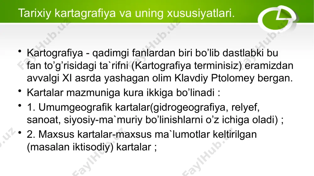 aubinning nemis atlasi, pollin tahriri ostida 1932 yilda chop etilgan aqsh atlasi („qo'shma shtatlar tarixiy-geografik atlasi")ni misol qilib keltirishimiz mumkin. 1956, 1958, 1962 yillarda esa myunxenda o'quv mashg'ulotlariga doir „katta tarix atlasi" chop etilgan. rossiya imperiyasida tarixiy kartografiya rivojlanishining dastlabki.bosqichi xviii asrning birinchi choragiga to'g'ri keladi. bu davrdagi tarixiy va tarixiy-geografik asarlarga tarixiy kartalar ilova qilina boshlandi. „ rossiya imperiyasining tarixiy kartasi" birinchi bor 1793 yilda chop etilgan. tarixiy kartografiya rivojlanishida 1958 yil polshada bosilib chiqqan plos voyevodligi tarixiga oid atlasning alohida o'rni bor. bunday atlaslar ishlab chiqarish kuchilarining joylashishi, ishlab chiqarish munosabatlari, iqtisodiy o'sish ko'rsatkichilarini aniq tasvirlab beradi. zamonaviy tarixiy kartografiya rivojlanishining muhim elementi - bu tarixni aniq davrlashtirish, turli tarixiy jarayonlarni to'la aks ettirish, tarixiy jarayonlarning iqtisodiy tomonini ochib berishdir. shuni ta'kidlab o'tish joizki, sho'rolar tuzumi davrida o'rta osiyo tarixiga doir bir qator tarixiy kartalar tuzilgan bo'lsa ham, ammo ularning ichida o'rta osiyoni chor rossiyasi tomonidan bosib olinishiga …