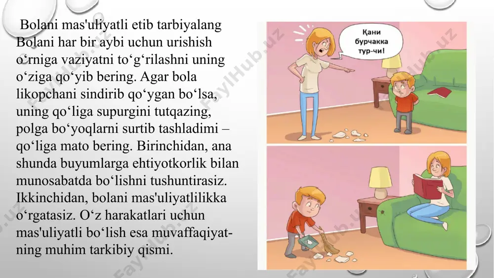 narsani o‘zi amalga oshira olmasligini doimiy ravishda ko‘rsatasiz. giper g‘amxo‘rlik bilan bolani ilk qiyinchiliklarda ortga chekinmay, yangi narsalarni sinab ko‘rishdan mahrum qilasiz.ayrim hollarda ota-onalar bolalarning mustaqil harakatlarini to‘g‘ri baholashmaydi. bor-yo‘g‘i qoidani eslab qoling: bola o‘zi bajara oladigan ishlarni ularning o‘rniga amalga oshirmang. image2.png image4.jpeg image3.png image5.jpeg image6.jpeg image7.jpeg image8.jpeg image9.jpeg image1.png /docprops/thumbnail.jpeg