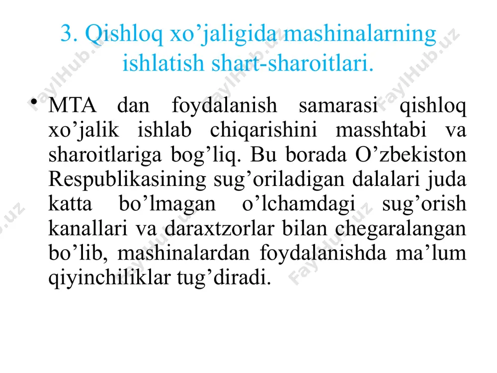 ar, bularga mineral o’g’it va pestisidlarni sochishga tayyorlash qurilma (o’rnatma) larni, tozaiash, xillash va x. k. ishlov berish yoki ishlatishga tayyorlash uchun raateriaini oldiga keltiriladigan mashinalar kiradi. stasionar-ko’chib yuruvchi agregatlar texnologik operasiyalarni bajarishiga ko’ra bir uchastkadan boshqa uchastkaga siljitib (yurgizib) o’tkaziladi. bularga yuklagichlar, dala kanof tozalagichlar, ko’sak chuvigichlar va x. k. lar kiradi. oddiy agregat bitta texnologik operasiyani (masalan, er haydash, boronalash va x. k.) bajarishiga mo’ljallanadi. u bitta yoki bir nechta bir xil mashinadan tuzilgan bo’iishi mumkin. kompleks agregat turli xil qishloq xo’jalik mashinalarni o’ziga birlashtirib bir nechta texnologik operatsiyalarni bajarishda foydalaniladi (masalan, chizellash) mineral o’g’itlash va boronalash yoki kultivatsiya va go’zani chekankalash (chilellash). universal agregat - ozroq qayta rostlash bilan turli xil o’simliklarda (paxta, jo’xori, sorgo) yoki ular har xil qator oralariga ega bo’lganda (masalan 60-90 sm. li qator oraliqda ekish, kultivasiya qilish) texnologik operasiyalarni bajarishda ishlatiladi. universal agregatlardan foydalanish xo’jaliklarning qishloq mashinalarga bo’lgan talabini kamaytirib ularning yuklanish …