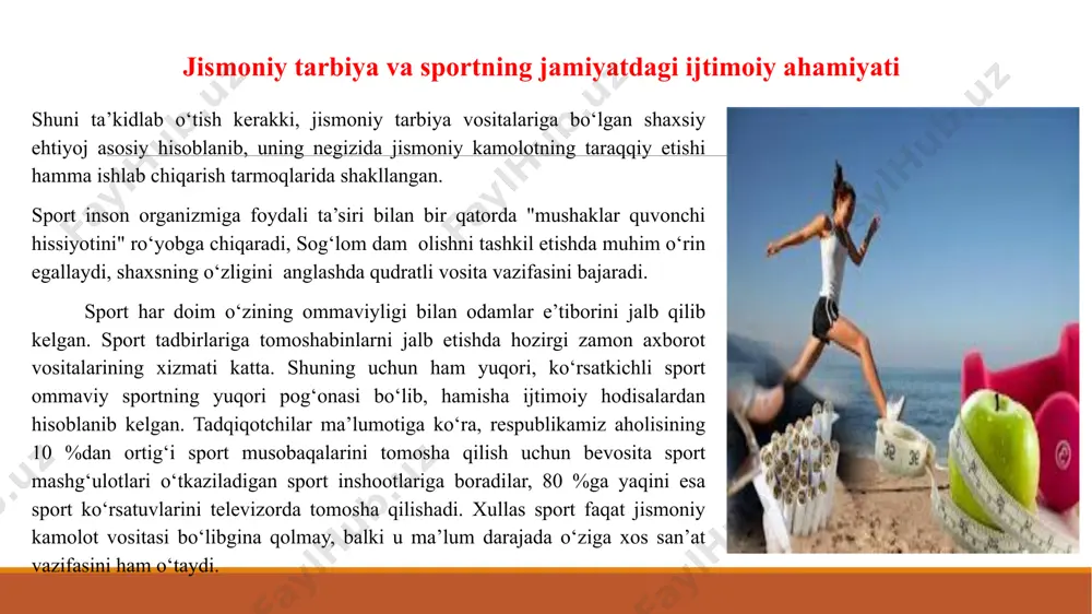 nikani va odamlarni yagona ishlab chiqarish jarayonida birlashtirishga imkoniyat tug‘diradi. moddiy va mehnat resurslaridan oqilona foydalanish ishlab chiqarish unumdorligini doimiy ravishda oshirishni va shu vaqtning o‘zida ishlab chiqarilayotgan mahsulotlarning tannarxini tushirishni ta’minlaydi. afsuski, amalda ko‘pgina ishlab chiqarish korxonalarida jismoniy tarbiya tadbirlari sust tashkil qilinadi va mehnatkashlarning mehnat qilish va dam olish sharoitlarini yaxshilash imkoniyatlari kengaytirilmaydi. mehnatni ilmiy asosda tashkil qilish tizimida jismoniy tarbiyaning maqsad va vazifalari miat tarmog‘idagi jismoniy tarbiya ikki nuqtai nazarni o‘z ichiga oladi: birinchidan: miat tizimidagi jismoniy tarbiya mehnatni ilmiy asosda uyushtirish jarayonida odamlarning har tomonlama, ya’ni ham jismonan, ham aqliy rivojlanishiga qaratilgan bo‘ladi. yetarli va kerakli tayyorgarlik, shu bilan birga mehnatga muntazam tayyorgarlikni saqlash, ishlab chiqarish jamoasida mehnatkashlarni tarbiyalash va mehnat unumdorligini oshirish maqsad qilib olinadi. ikkinchidan: miat o‘zining moddiy-texnika manbaiga, nazariy dasturiga ega bo‘lib, maxsus tibbiy-biologik xizmat imkoniyatlarini ham ishlab chiqarishni rivojlantirishga, uning barcha tarmog‘idagi ishlarni yana ham yaxshilashga qaratadi. jismoniy tarbiya vositalarining ishlab chiqarishga …