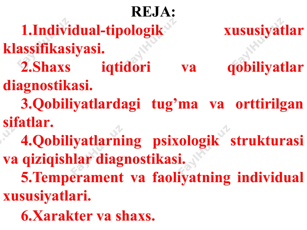 uini o’z ichiga oladi. shu nuqtai nazardan shaxs tizimini tahlil qiladigan bo’lsak, shaxsning individualligiga uning qobiliyatlari, temperamenti, xarakteri, irodaviy sifatlari, emosiyalari, xulqiga xos motivasiya va ijtimoiy ustanovkalari kiradi. aynan shu qayd etib o’tilgan kategoriyalar shaxsdagi individuallilikni ta’minlovchi kategoriyalardir. uning ma’nosi shundaki, bo’yi, eni, yoshi, sochining rangi, ko’z qarashlari, barmoq harakatlari va shunga o’xshash sifatlari bir xil bo’lgan insonlarni topish mumkin, lekin xarakteri, qobiliyatlari, temperamenti, faoliyat motivasiyasi va boshqalarga aloqador sifatlari majmui bir xil bo’lgan odamni topib bo’lmaydi. ular — individualdir. individual xususiyatlar qobiliyatlar — shaxsdagi shunday individual, turg’un sifatlarki, ular odamning turli xil faoliyatdagi ko’rsatgichlari, yutuqlari va qiyinchiliklari sabablarini tushuntirib beradi. temperament — insonning turli vaziyatlarda narsa, hodisa, holatlar va insonlarning xatti-harakatlariga nisbatan reaksiyasini tushuntirib beruvchi xususiyatlari majmuidir. xarakter — shaxsning alohida insonlar va insonlar guruhi, o’z-o’ziga, vaziyatlar, narsalar va hodisalarga nisbatan munosabatlaridan orttiradigan sifatlarini o’z ichiga oladi. individual xususiyatlar irodaviy sifatlar — har birimizning o’z oldimizga maqsad qo’yib, unga …
