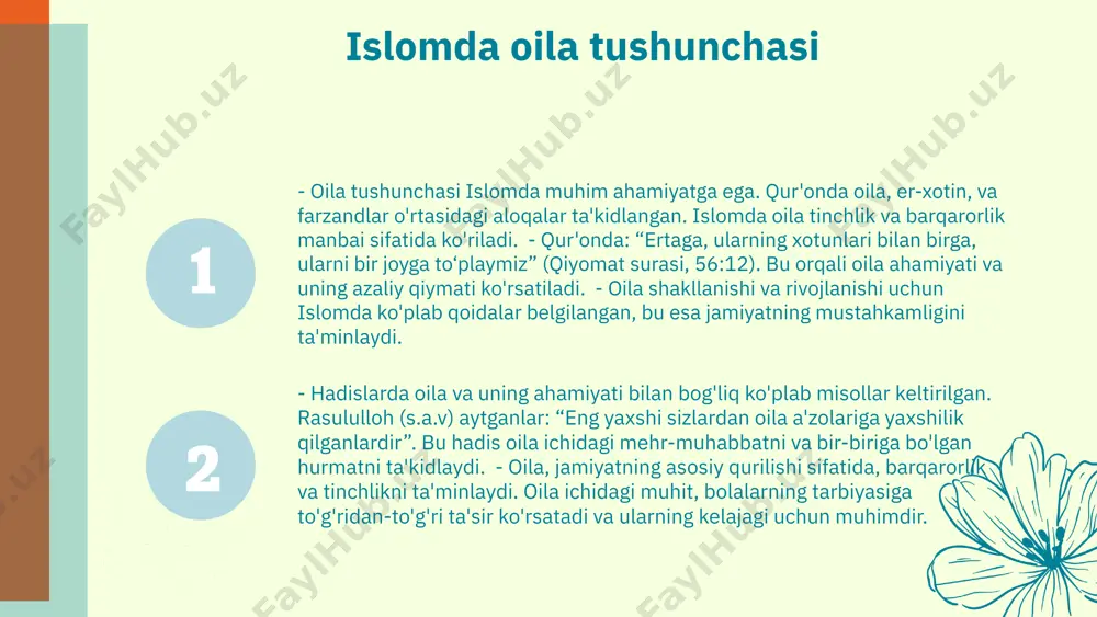 ligini va baxtini ta'minlaydi. photo by natalia blauth on unsplash farzand tarbiyasida islomiy qadriyatlar farzand tarbiyasida ota-onaning roli juda muhim. ular islomiy qadriyatlarni o'z farzandlariga yetkazishda birinchi o'rinda turadilar. ota-onalar o'z xulq-atvori va hayot tarzi orqali bolalariga namuna bo'lishlari kerak. islomiy qadriyatlar - adolat, vatanparvarlik va muhabbat farzandlar tarbiyasida asosiy o'rin tutadi. bu qadriyatlar bolalarni yaxshi insonlar qilib tarbiyalashda muhim ahamiyatga ega. ota-onalar farzandlarida islomiy axloq va tartibni shakllantirishda o'z misollari bilan harakat qilishlari zarur. ular farzandlariga islomiy qadriyatlarni o'rgatish orqali kelajak avlodni yaxshi tarbiya qilishga hissa qo'shadilar. oila va jamiyatdagi o'rni oila jamiyatning asosi sifatida oila, jamiyatning asosiy tuzilishi bo'lib, islomiy qadriyatlar asosida bir-biriga yordam berish, rahm-shafqat ko'rsatish va farzandlar tarbiyasida muhim rol o'ynaydi. oila a'zolari o'rtasidagi munosabatlar mustahkam jamiyatning poydevorini yaratadi. oila va jamiyat o'rtasidagi o'zaro ta'sir islomiy qadriyatlar oilani jamiyatda muhim o'rin tutuvchi birlik sifatida belgilaydi. oila va jamiyat o'rtasida o'zaro ta'sir kuchli bo'lib, oila jamiyatning barqarorligini …