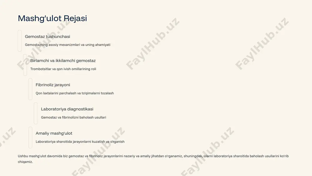 willebrand faktori (vwf) orqali amalga oshiriladi, trombotsitlar yuzasidagi glikoprotein ib/ix/v retseptorlari ishtirokida. trombotsitlar agregatsiyasi yopishgan trombotsitlar faollashib, o'z granulalarini ajratadi. bu adp, serotonin va tromboksan a2 kabi moddalarni chiqarib, yangi trombotsitlarni jalb qiladi va "trombotsitli plug" hosil qiladi. ikkilamchi gemostaz bosqichlari qon ivish kaskadining sxematik ko'rinishi: ichki va tashqi yo'llar qon ivish kaskadi faollashuvi ikkilamchi gemostaz jarayoni qon ivish omillarining ketma-ket faollanishi orqali amalga oshadi. bu jarayon ikkita yo'l orqali boshlanishi mumkin: tashqi yo'l - to'qima faktori (tf) ta'sirida ichki yo'l - jarohatlangan yuzaga kontakt tufayli trombin hosil bo'lishi har ikkala yo'l ham faktor x ni faollashtiradi, bu esa protrombin (faktor ii) ni trombinga (faktor iia) aylantiradi. trombin - qon ivish jarayonining markaziy fermenti hisoblanadi. fibrin tarmog'i hosil bo'lishi trombin fibrinogen (faktor i) ni fibringa aylantiradi. faktor xiiia yordamida fibrin iplari bir-biriga bog'lanib, mustahkam qon laxtasini hosil qiladi. fibrin va qon quyilishining tuzilishi fibrinogen molekulasi fibrinogen - bu qon plazmasida …