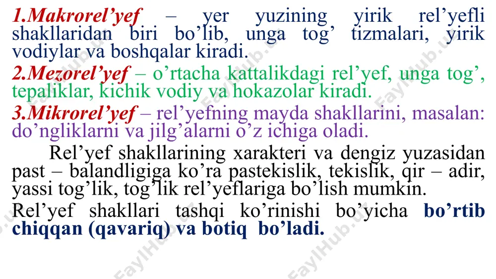 ndligini ifodalovchi raqamlarga aytiladi. balandlik usulida biron bir joyning rel’yefini qog’ozda tasvirlash uchun, masalan; tepalikning eng baland nuqtasi, etagi, yon bag’irlarining bukilgan joyi va boshqa shunga o’xshash nuqtalarining absolyut balandligi aniqlanadi. so’ngra bu nuqtalar qog’ozga tushirilib uning yoniga balandlik qiymatlari yozib quyiladi rel’yefning bu usulda tasvirlanishi, kartadagi nuqtalarning baland – pastligini tez va oson aniqlashga imkon yaratadi, ammo rel’yefning bu usulda tasvirlanishida kartada yon bag’irlarlarning yo’nalishi, qiyaligi va shaklini aniqlash ancha qiyin bo’ladi. topografik kartada bu usuldan foydalanishda gorizontallar usuli bilan birgalikda olib boriladi. rel’yefni gorizontallar bilan tasvirlash − topografik kartada rel’yef asosan gorizontallar bilan tasvirlanadi. gorizontal deb, bir xil balandlikka (otmetkaga) ega bo’lgan nuqtalarni tutashtiruvchi egri chiziqqa aytiladi. gorizontallarni hosil qilish quyidagicha bajarilishi mumkin. faraz qilaylikki, bironta ko’l bo’lsin va uning o’rtasida konussimon quruqlik (balandlik) bo’lsin. har safar ko’ldagi suv sathini pasaytirib, p – tekislikka uning gorizontal proyeksiyasini tushirib boramiz, u holda p – tekisligida egri chiziqlar hosil bo’ladi, …