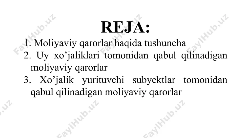 olar ekan, bank va moliya tizimida moliyaviy mustaqillikka erishishda mijozlarni maqbul qarorlar qabul qilishga undash yoki yordam berish zarurati tugʻiladi. chunki, hozirgi shiddatli oʻzgarishlar shuni koʻrsatmoqdaki, yaqin kelajakda raqobatga bardosh berish uchun barcha ishlab chiqaruvchi va xizmat ko῾rsatuvchi korxonalar oʻz mijozlari aslida kimligi va ularning xulq-atvorini yetarlicha baholashi talab etiladi. moliyaviy qarorlar ma’lum bir shaxs, uy xo’jaligi (oila) va xo’jalik yurituvchi subyektlar ya’ni firma va korxonalar tomonidan qabul qilinadi. quyida qabul qilinadigan moliyaviy qarorlarga batafsil to’xtalamiz. 2. uy xo’jaliklari tomonidan qabul qilinadigan moliyaviy qarorlar amaliyotda uy xo‘jaliklari tomonidan, odatda, 4 xil moliyaviy qarorlar qabul qilinishiga to‘g‘ri keladi. ularni quyidagi guruhlarga ajratish mumkin: pul mablag‘larini iste’mol qilish va jamg‘arish to‘g‘risidagi qarorlar. oila boyligining qaysi qismini iste’molchilik ehtiyojlariga sarflash mumkin? joriy daromadning qaysi qismini kelajakda sarflash uchun saqlab qo‘yish va jamg‘arib borish kerak? 2. investitsiyalar bilan bog‘liq bo‘lgan (investitsion) qarorlar. mavjud jamg‘armalarni qaysi aktivlarga yo‘naltirish kerak? 3. moliyalashtirish to‘g‘risidagi qarorlar. uy xo‘jaligi …