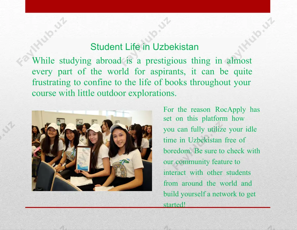 destination--especially given the many extraordinary opportunities waiting here, we recommend uzbekistan to prospective students at all various levels” there is so much universities have to offer once you are done applying on rocapply! disclaimer:the suggestions on these pages are based primarily on recommendations that we receive fromformer students. activity lists are by no means exhaustive; rather, they are meant give an idea for exploring all of the ways you can get involved in uzbekistan! we advise you to check by yourself what beauty lies ahead! image2.jpeg image3.jpeg