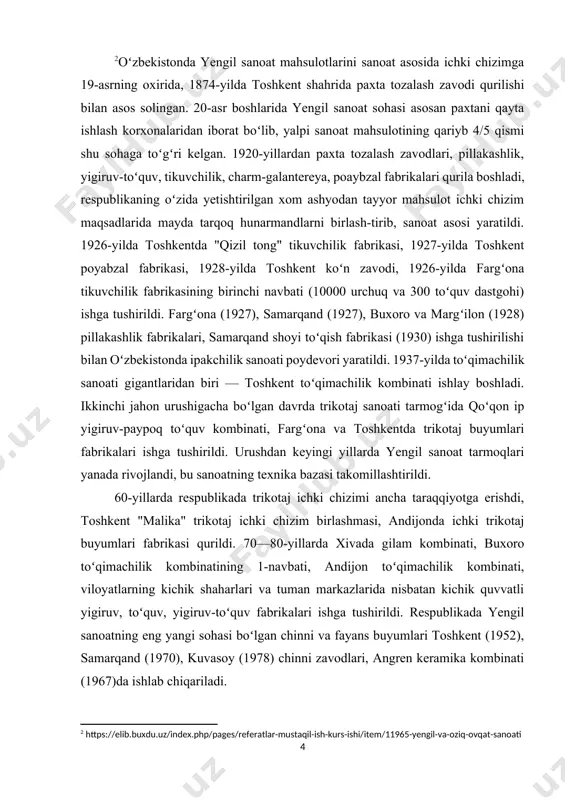 qand shoyi toʻqish fabrikasi (1930) ishga tushirilishi bilan oʻzbekistonda ipakchilik sanoati poydevori yaratildi. 1937-yilda toʻqimachilik sanoati gigantlaridan biri — toshkent toʻqimachilik kombinati ishlay boshladi. ikkinchi jahon urushigacha boʻlgan davrda trikotaj sanoati tarmogʻida qoʻqon ip yigiruv-paypoq toʻquv kombinati, fargʻona va toshkentda trikotaj buyumlari fabrikalari ishga tushirildi. urushdan keyingi yillarda yengil sanoat tarmoqlari yanada rivojlandi, bu sanoatning texnika bazasi takomillashtirildi. [2: https://elib.buxdu.uz/index.php/pages/referatlar-mustaqil-ish-kurs-ishi/item/11965-yengil-va-oziq-ovqat-sanoati] 60-yillarda respublikada trikotaj ichki chizimi ancha taraqqiyotga erishdi, toshkent "malika" trikotaj ichki chizim birlashmasi, andijonda ichki trikotaj buyumlari fabrikasi qurildi. 70—80-yillarda xivada gilam kombinati, buxoro toʻqimachilik kombinatining 1-navbati, andijon toʻqimachilik kombinati, viloyatlarning kichik shaharlari va tuman markazlarida nisbatan kichik quvvatli yigiruv, toʻquv, yigiruv-toʻquv fabrikalari ishga tushirildi. respublikada yengil sanoatning eng yangi sohasi boʻlgan chinni va fayans buyumlari toshkent (1952), samarqand (1970), kuvasoy (1978) chinni zavodlari, angren keramika kombinati (1967)da ishlab chiqariladi. oʻzbekistonning mustaqillikka erishishi bilan yengil sanoat tarmoqlari yangi sifat bosqichiga koʻtarildi. respublika hukumati qaroriga koʻra tarmoqdagi deyarli hamma korxonalar …