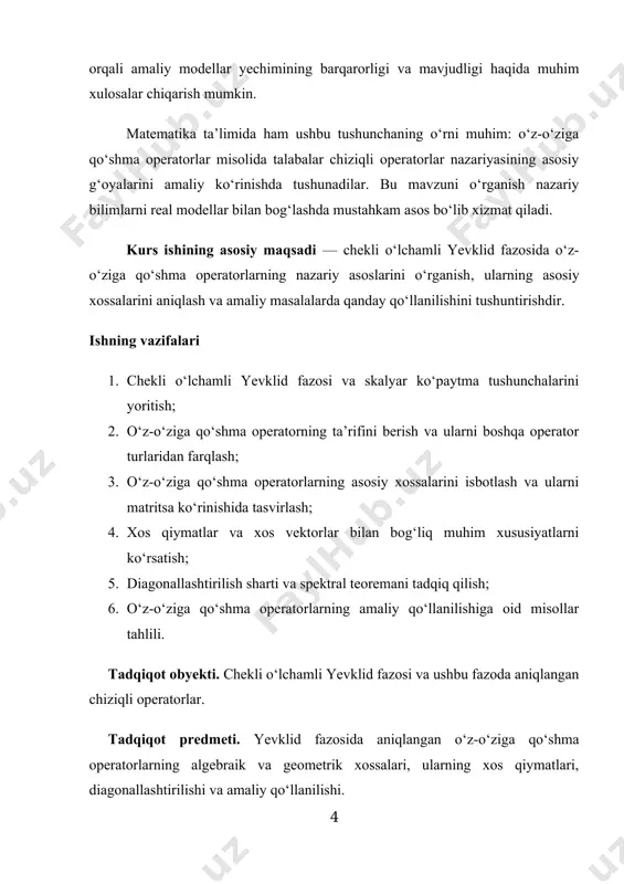 bu formula bilan aniqlaymiz: (1) (1) formula bilan aniqlangan ifoda skalyar ko‘paytmaning hamma aksiomalarini haqiqatan qanoatlantirishi uchun matritsaga qanday shartlar qo‘yish kerak ekanligini ko‘raylik. har qanday matritsa uchun 20 va 30 aksiomalarning bajarilishiga to‘g‘ridan to‘g‘ri tekshirish bilan ishonamiz. 10 aksiomaning bajarilishi uchun, ya’ni (x,u) ifoda x va u ga nisbatan simmetrik bo‘lishi uchun (2) bo‘lishi, ya’ni matritsaning simmetrik bo‘lishi zarur va yetarlidir. 40 aksioma (3) ifodaning har qanday lar uchun manfiy bo‘lmasligini hamda bo‘lgandagina nolga aylanishini talab qilamiz. agar (3) formula bilan aniqlanadigan bir jinsli ko‘phad («kvadratik forma») faqat manfiy bo‘lmagan qiymatlarni kabul qilsa va larning hammasi nolga teng bo‘lgandagina nolga aylansa, u musbat aniqlangan kvadratik forma deyiladi. demak, 40 aksioma (3) kvadratik formaning musbat aniqlangan bo‘lishini talab qiladi. shunday qilib, agar har qanday matritsa simmetrik bo‘lsa (20 shart) va unga mos kvadratik forma musbat aniqlangan bo‘lsa, u holda bu matritsa (1) formula bilan aniqlanadigan skalyar ko‘paytmani tasvirlab beradi. agar …
